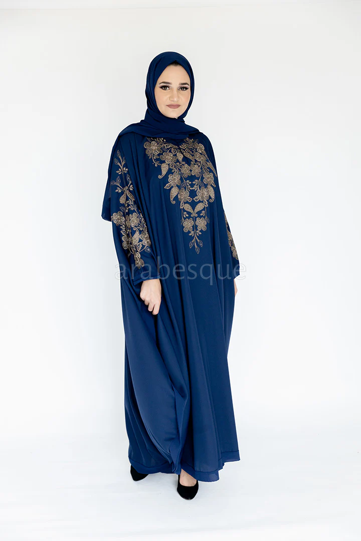 Navy Closed Abaya – Luxurious Gold Paisley Embroidered Batwing Design - Image 4