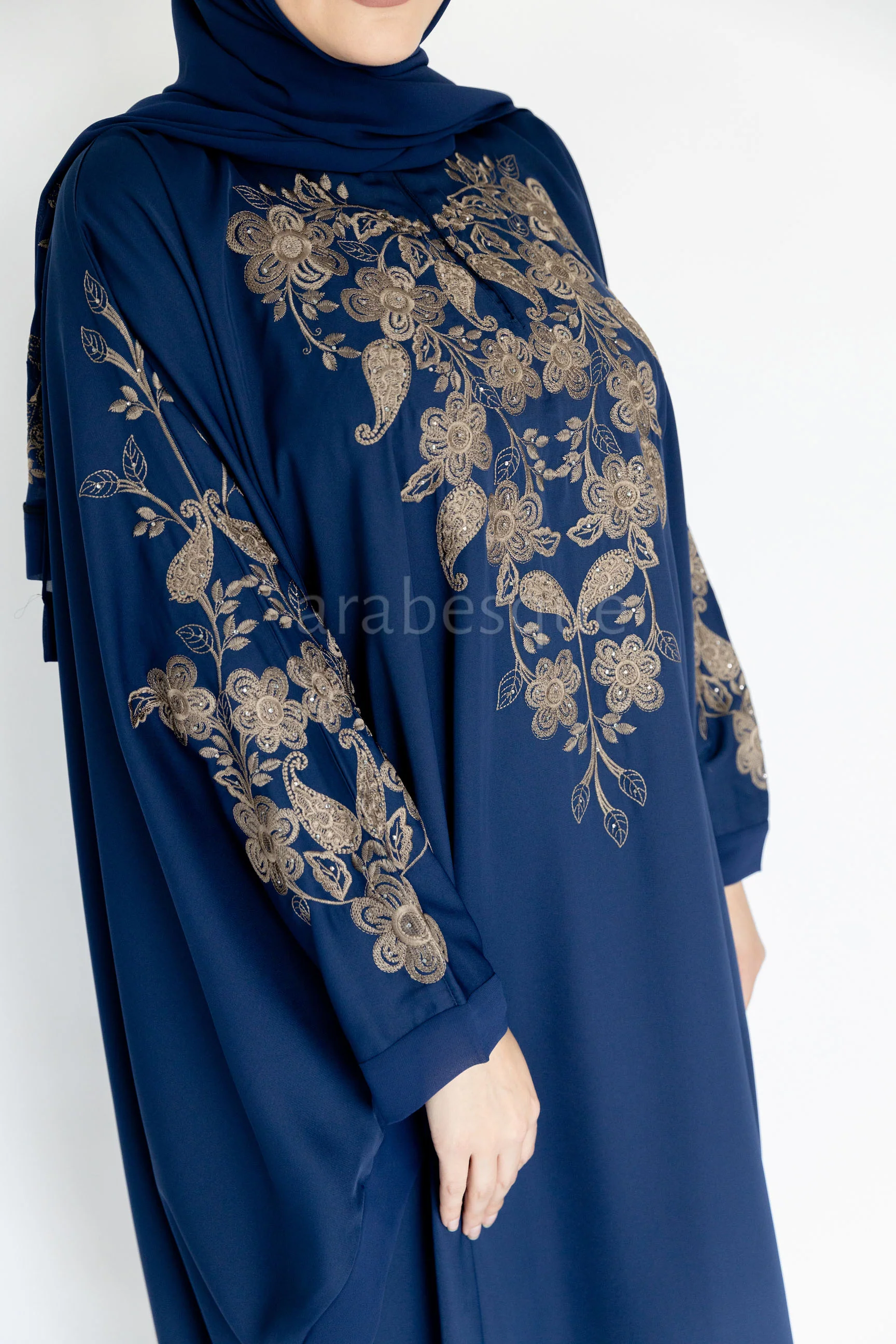 Navy Closed Abaya – Luxurious Gold Paisley Embroidered Batwing Design - Image 6