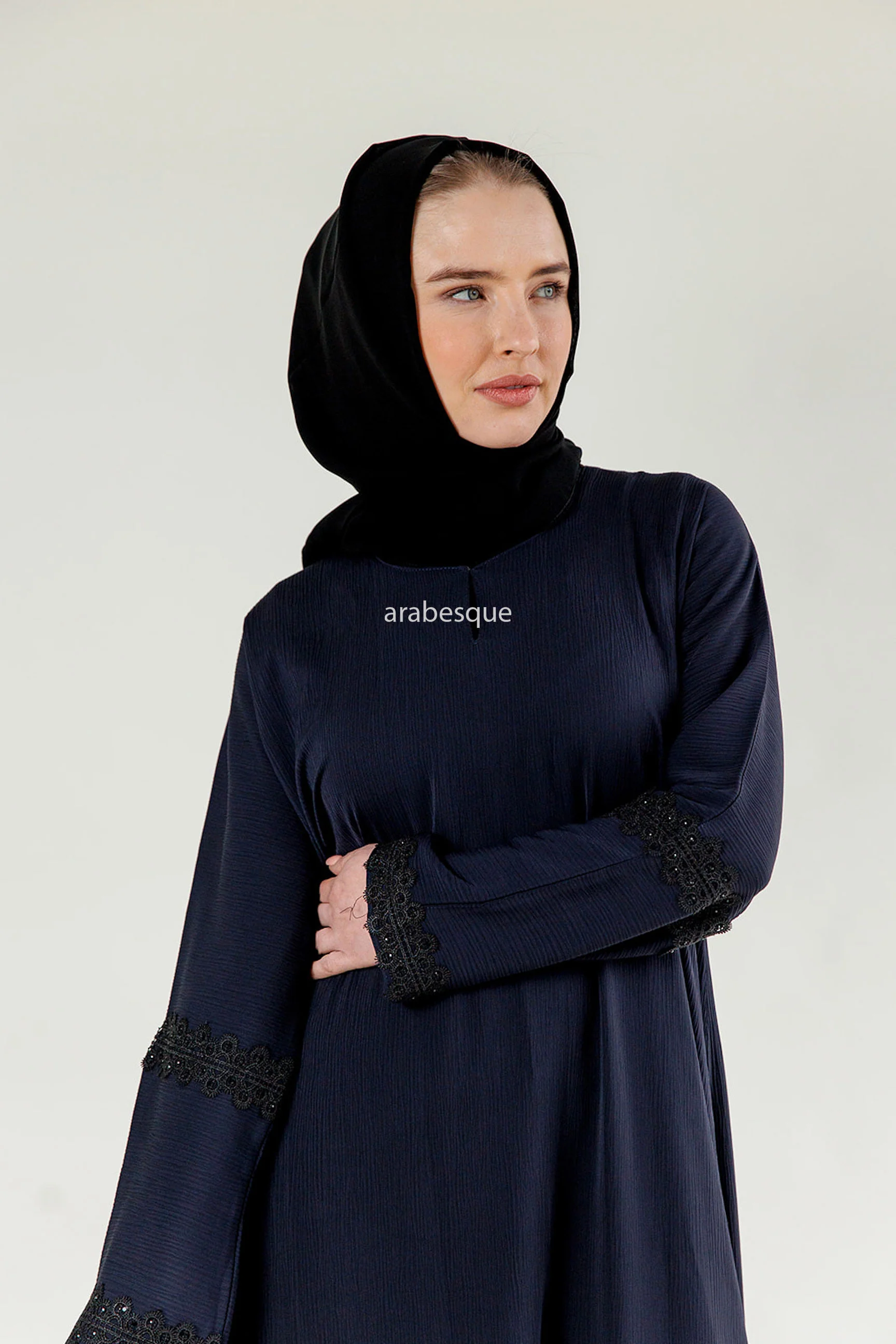 Navy Closed Abaya – Textured Umbrella Cut Design with Lace Detail - Image 2