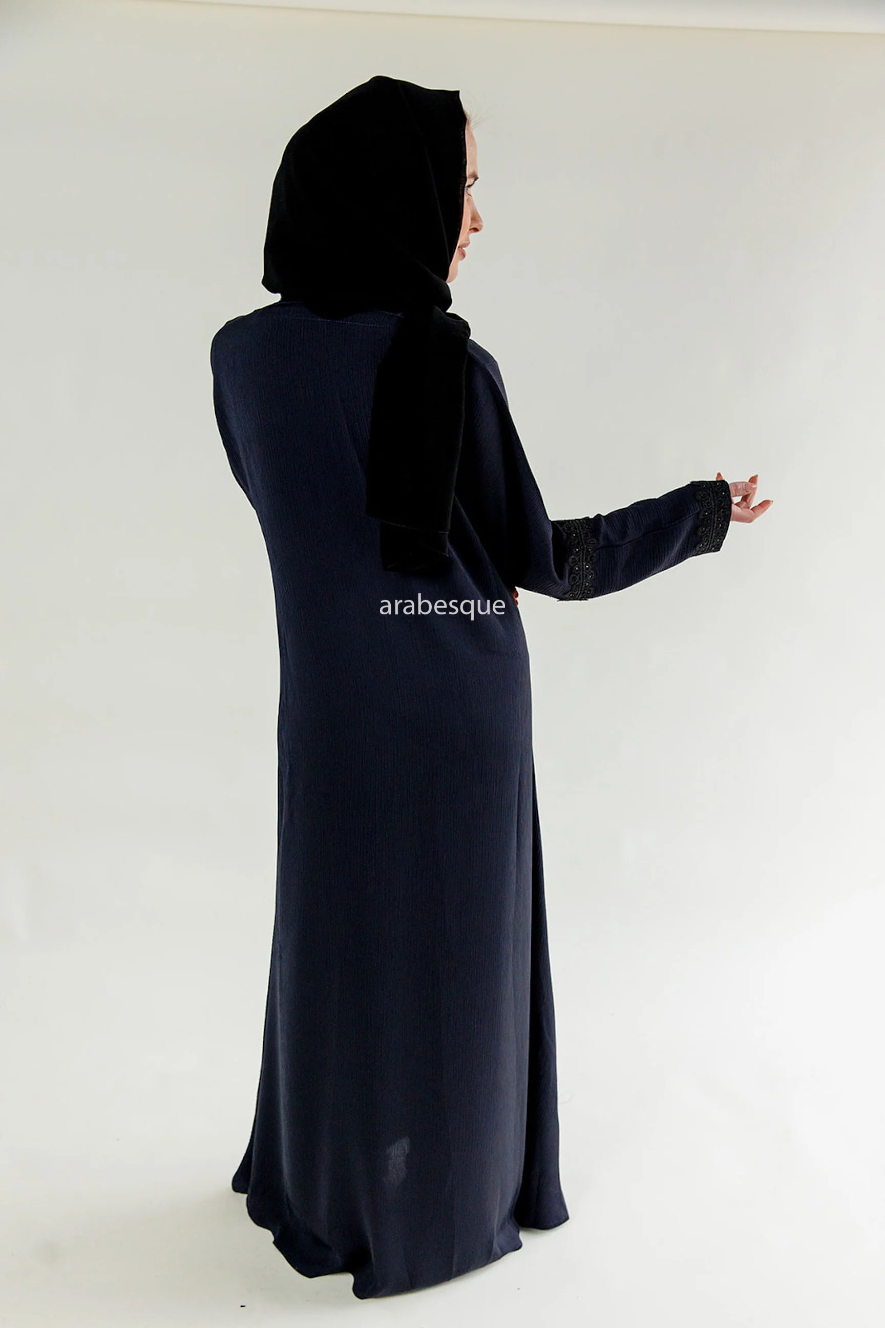 Navy Closed Abaya – Textured Umbrella Cut Design with Lace Detail - Image 3