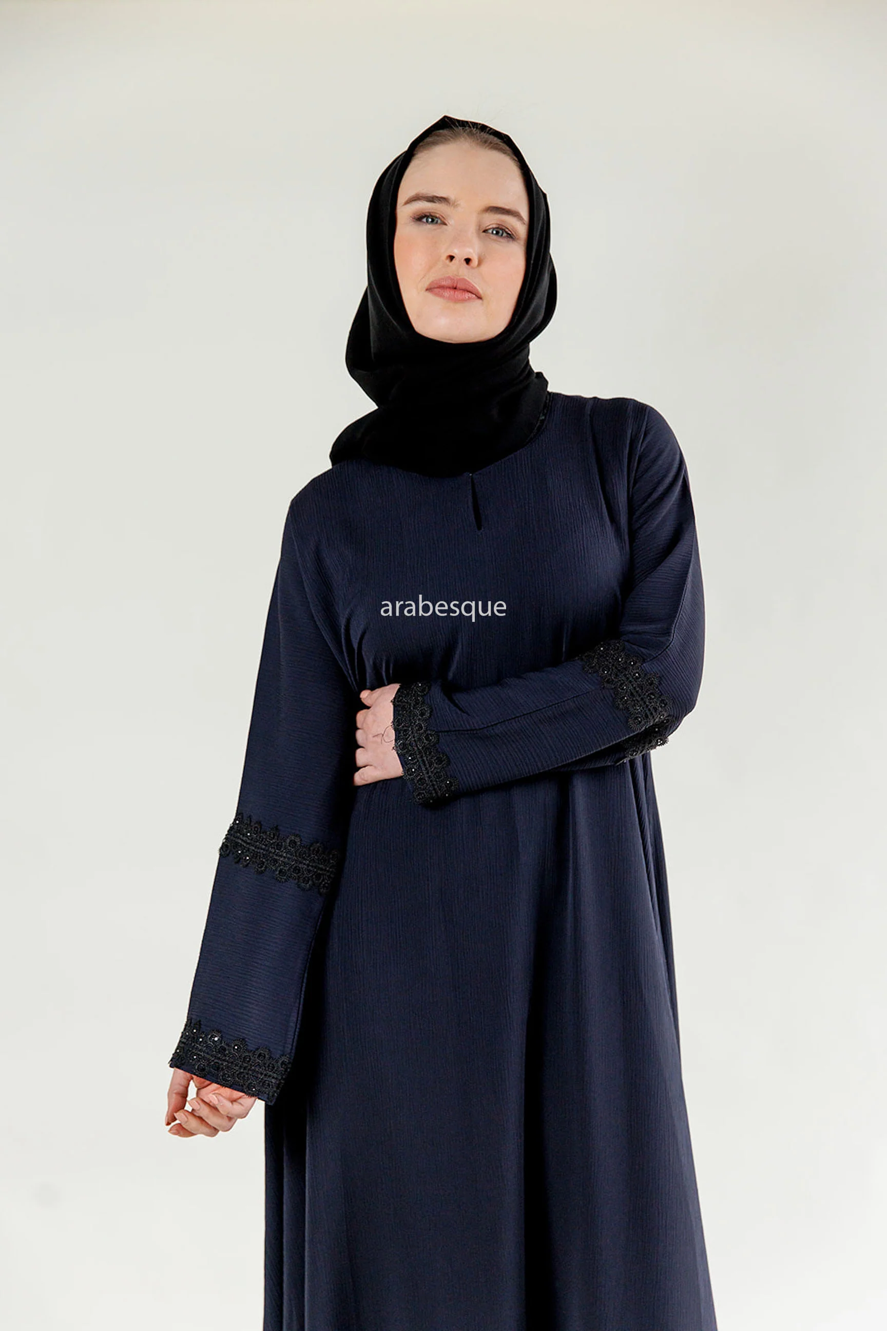 Navy Closed Abaya – Textured Umbrella Cut Design with Lace Detail - Image 4