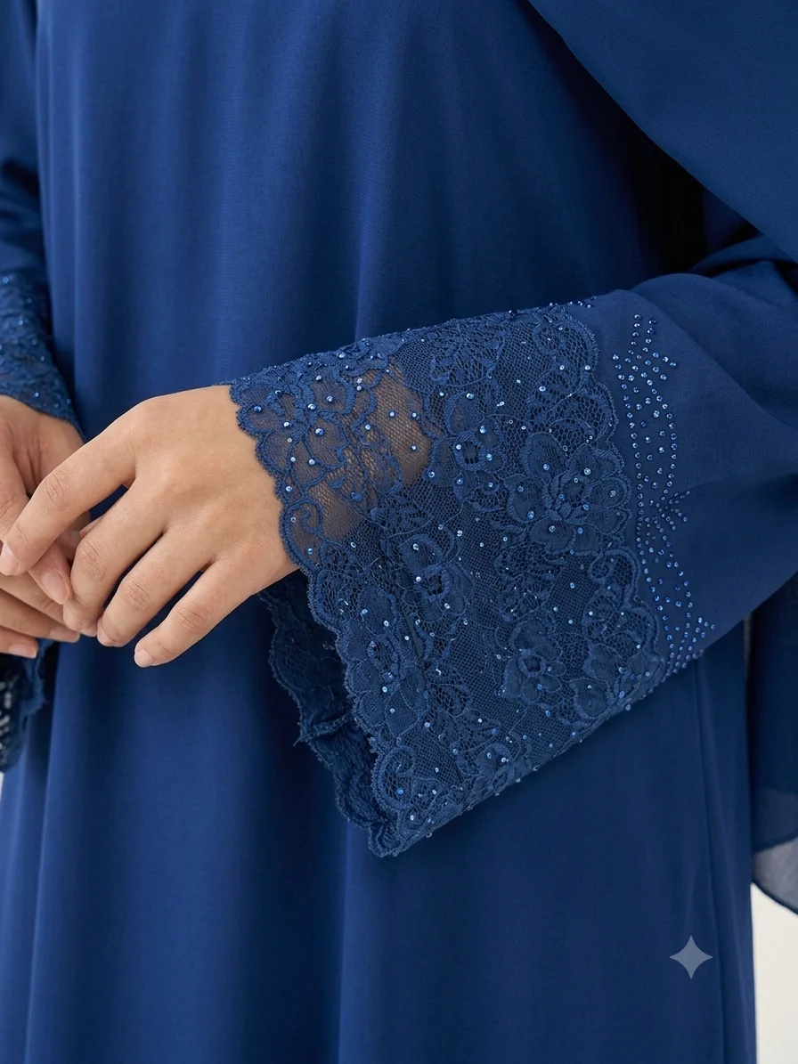 Navy Flower Lace Diamante Sleeve work Closed Abaya - Image 2