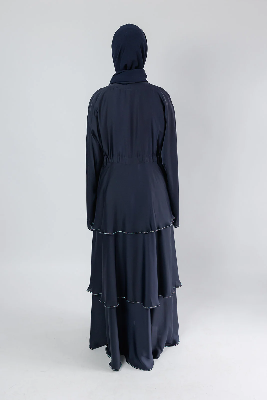 Navy Open Abaya – Luxury Embellished Layered Design with Drawstring Detailing - Image 2