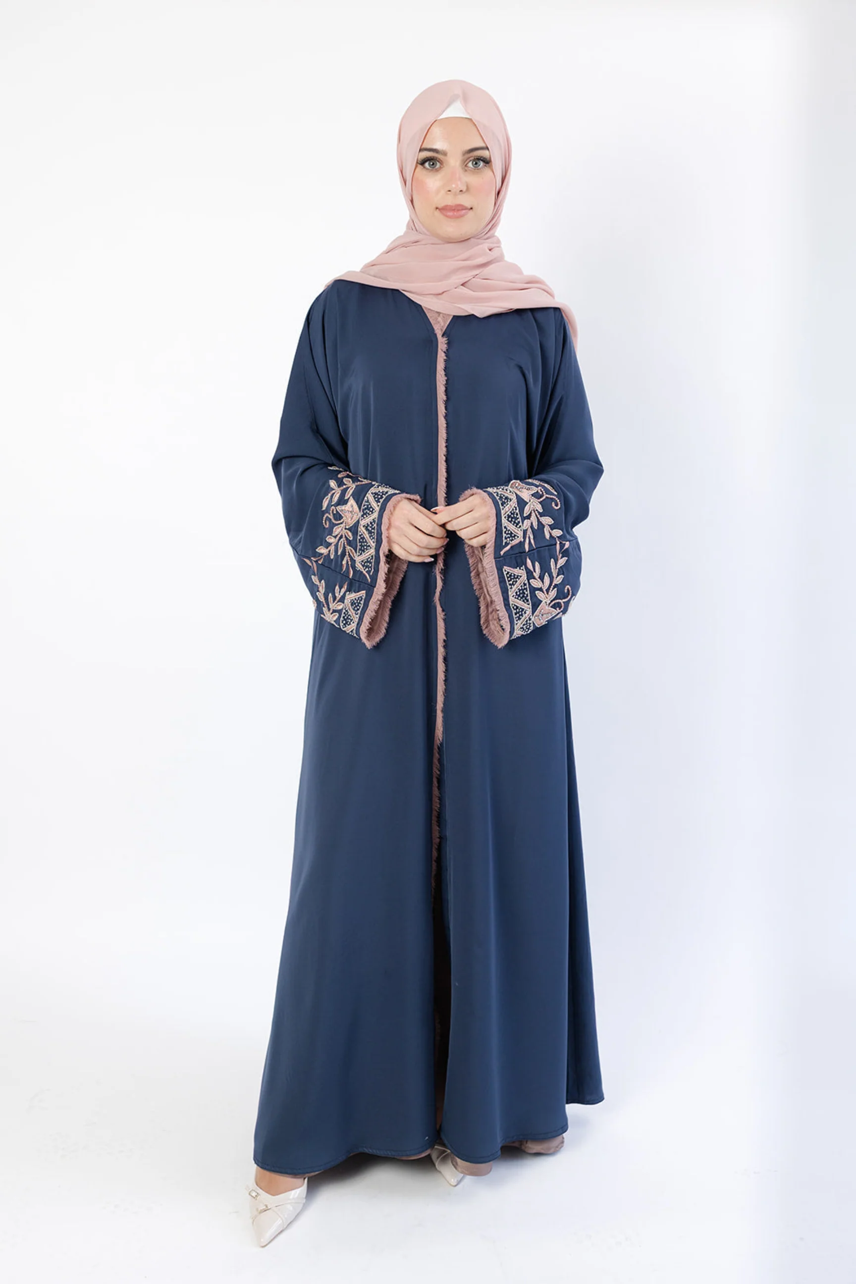Navy Open Abaya – Luxury Nude Floral Beaded Sleeve Design