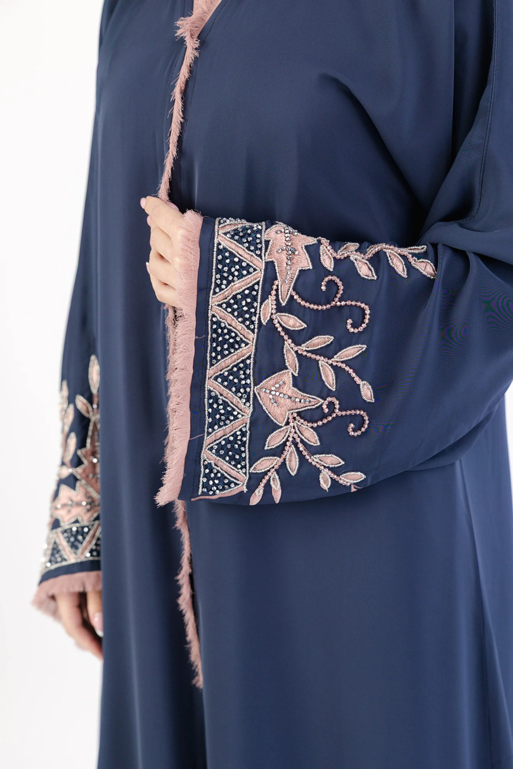 Navy Open Abaya – Luxury Nude Floral Beaded Sleeve Design - Image 2