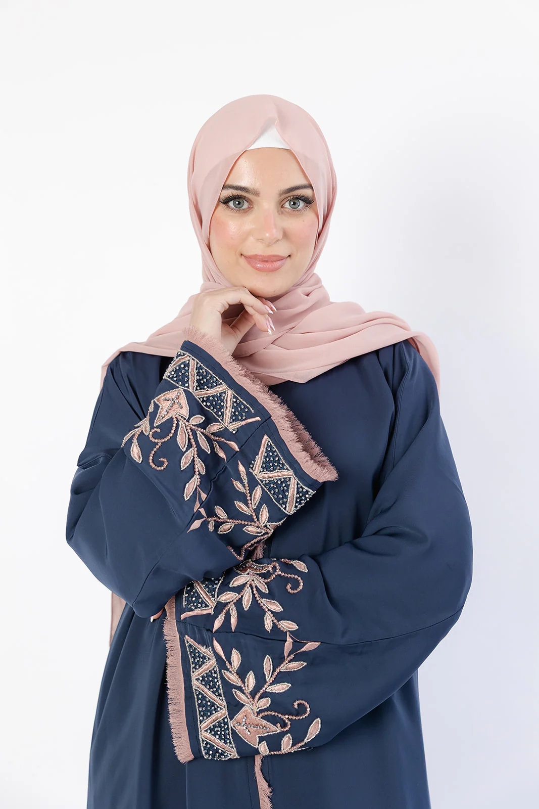 Navy Open Abaya – Luxury Nude Floral Beaded Sleeve Design - Image 3