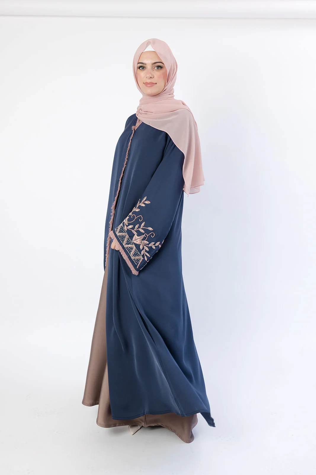 Navy Open Abaya – Luxury Nude Floral Beaded Sleeve Design - Image 4