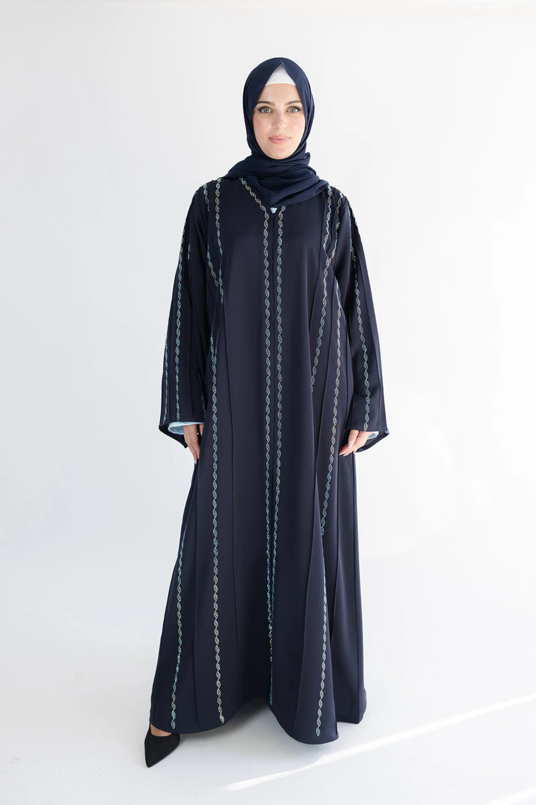 Navy Open Abaya – Luxury Nida Fabric with Helix Diamante Detailing