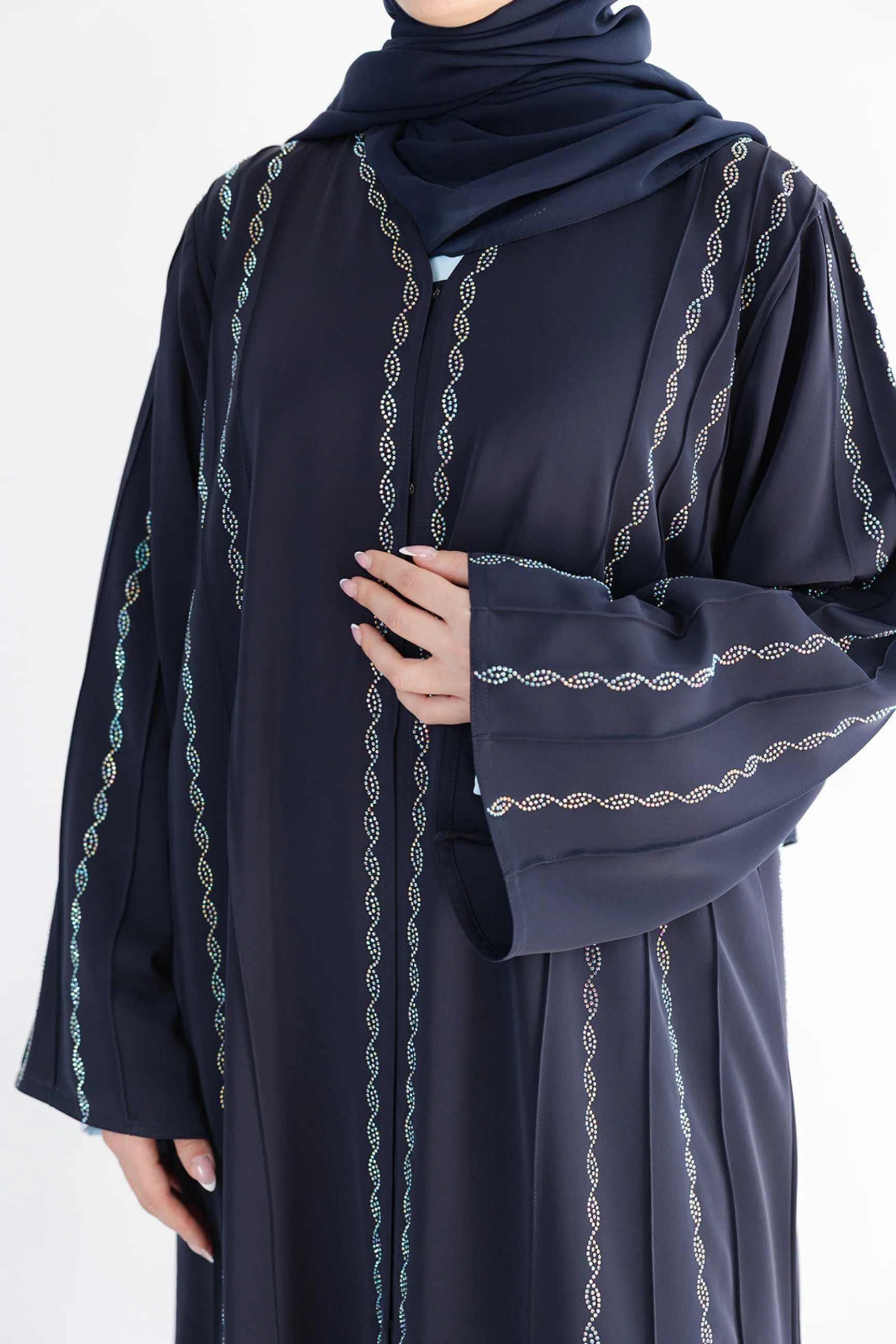 Navy Open Abaya – Luxury Nida Fabric with Helix Diamante Detailing - Image 2