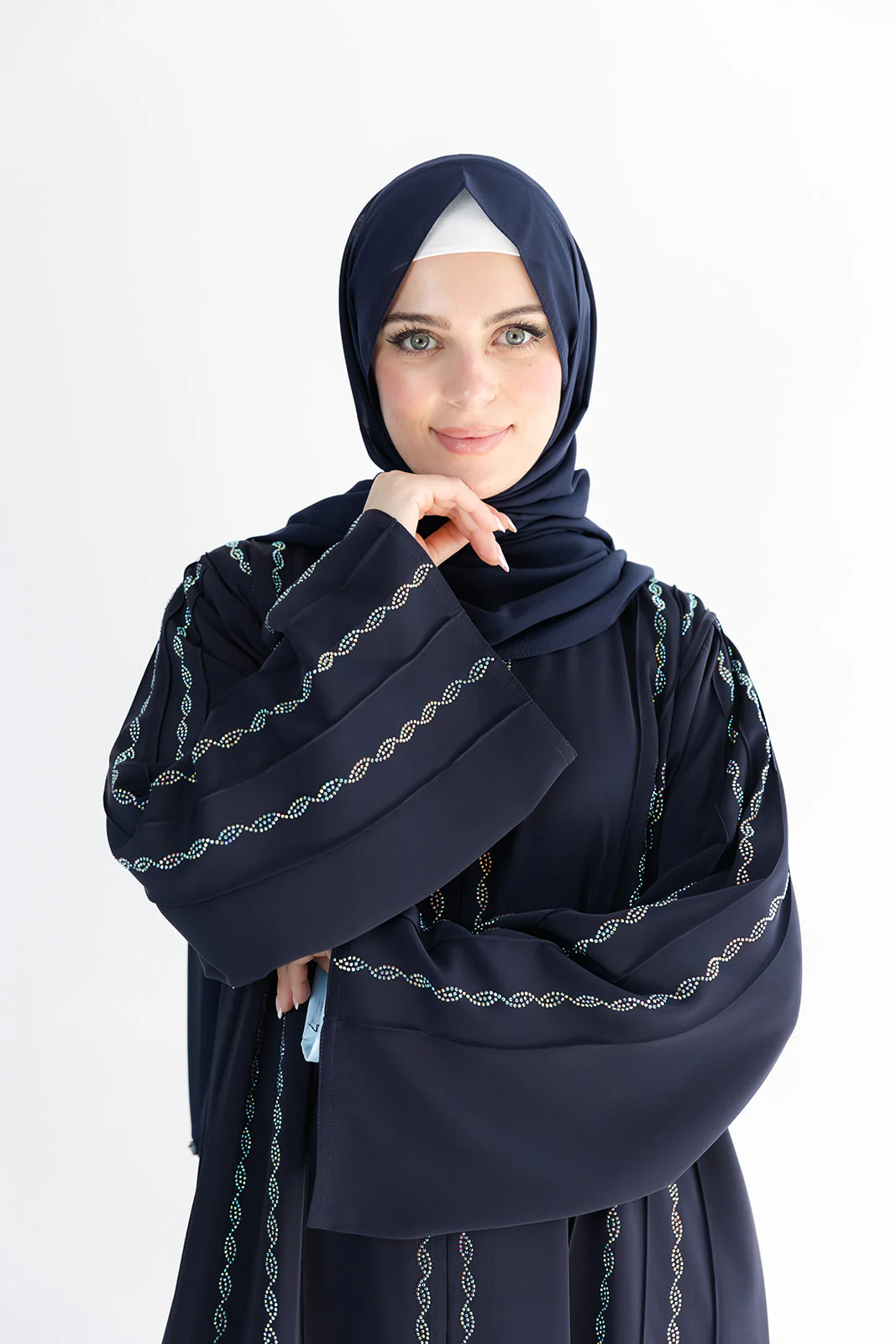 Navy Open Abaya – Luxury Nida Fabric with Helix Diamante Detailing - Image 3