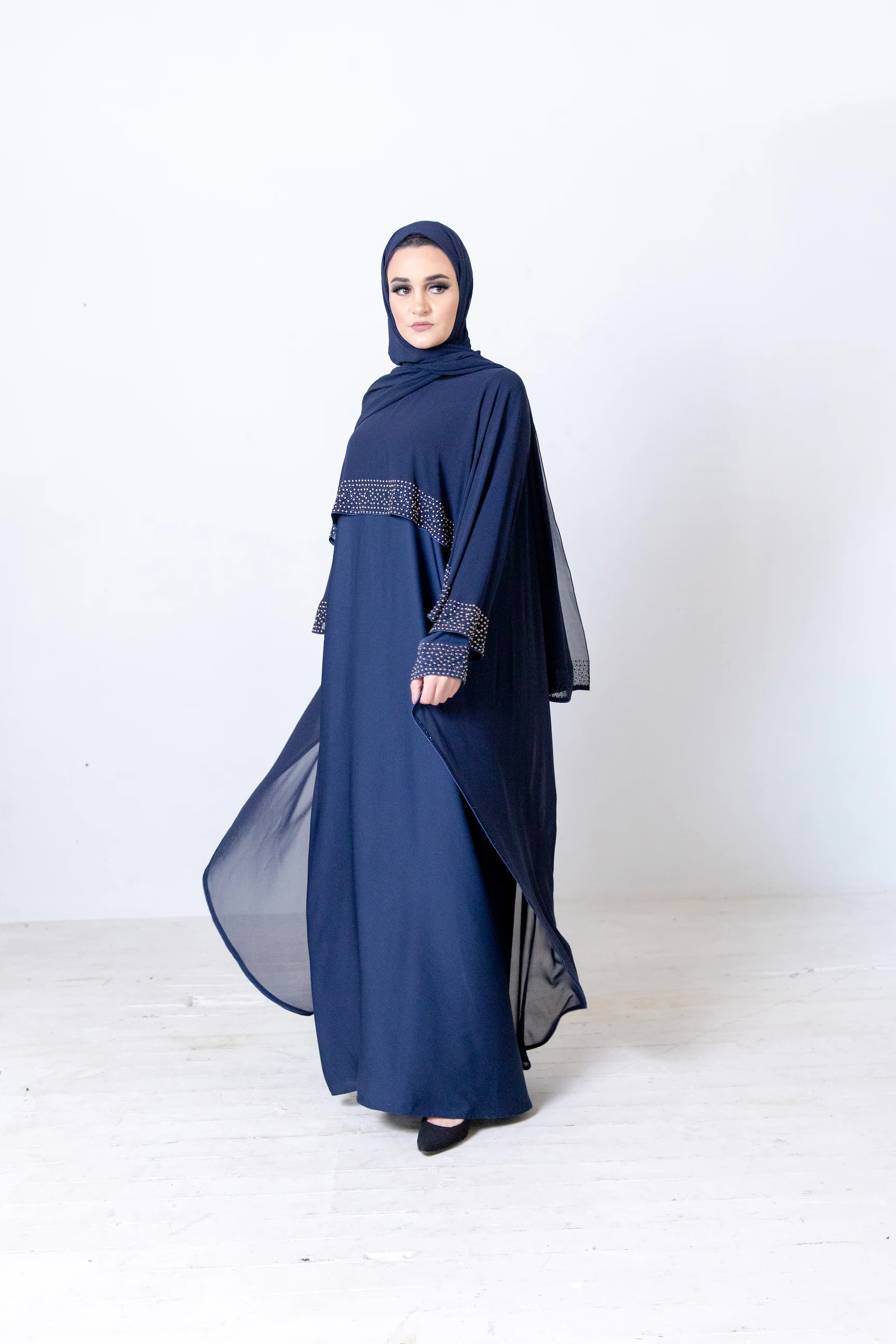 Navy Closed  Abaya - Chiffon Cape Design with Pearl and Diamante