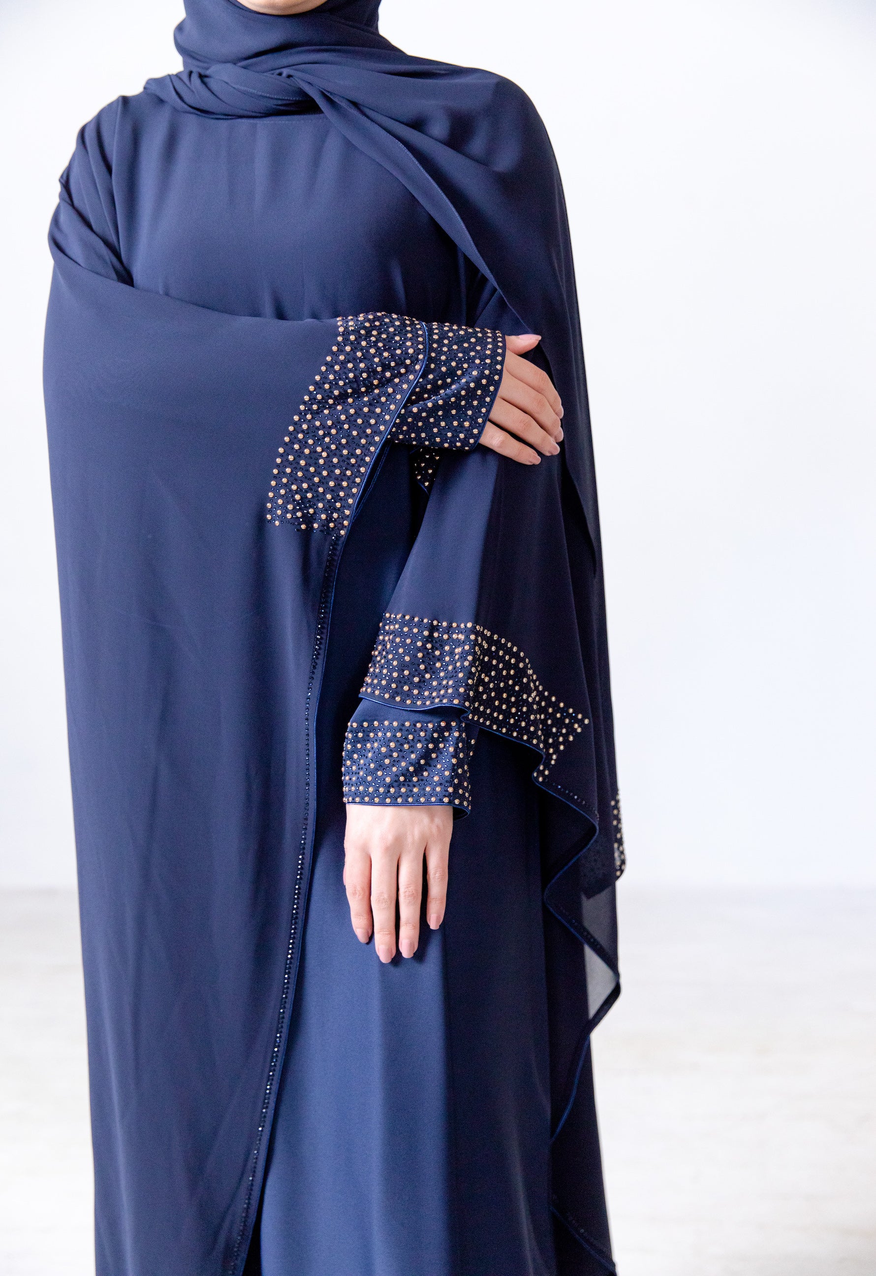 Navy Closed  Abaya - Chiffon Cape Design with Pearl and Diamante - Image 2