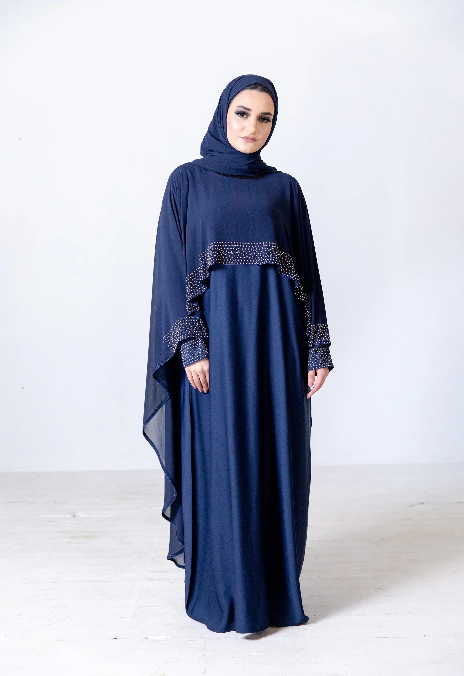 Navy Closed  Abaya - Chiffon Cape Design with Pearl and Diamante - Image 3