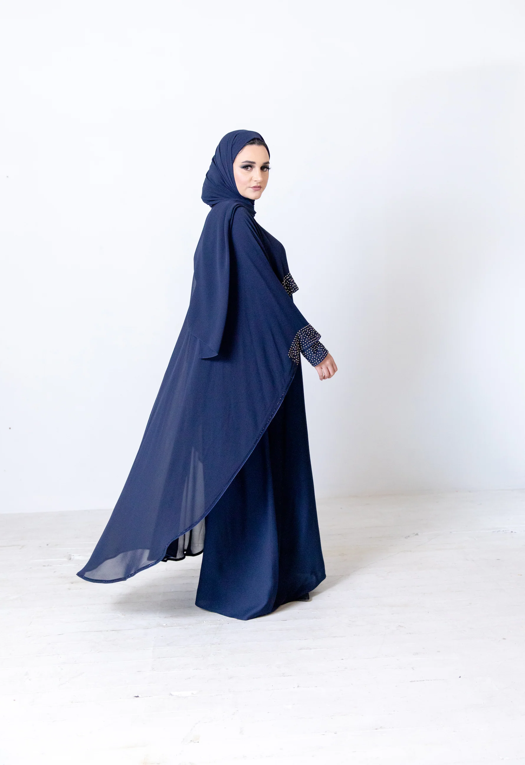 Navy Closed  Abaya - Chiffon Cape Design with Pearl and Diamante - Image 4