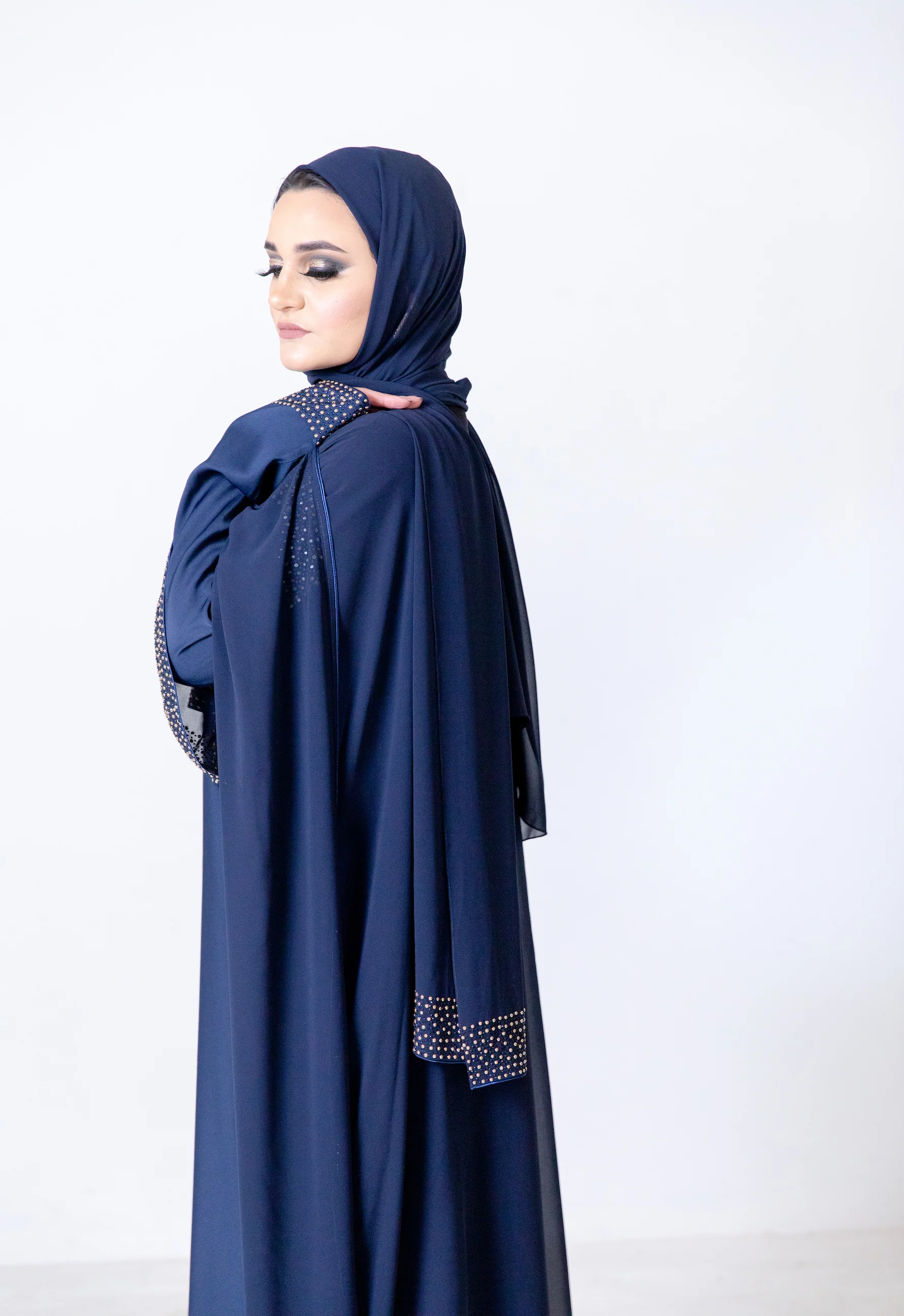 Navy Closed  Abaya - Chiffon Cape Design with Pearl and Diamante - Image 5