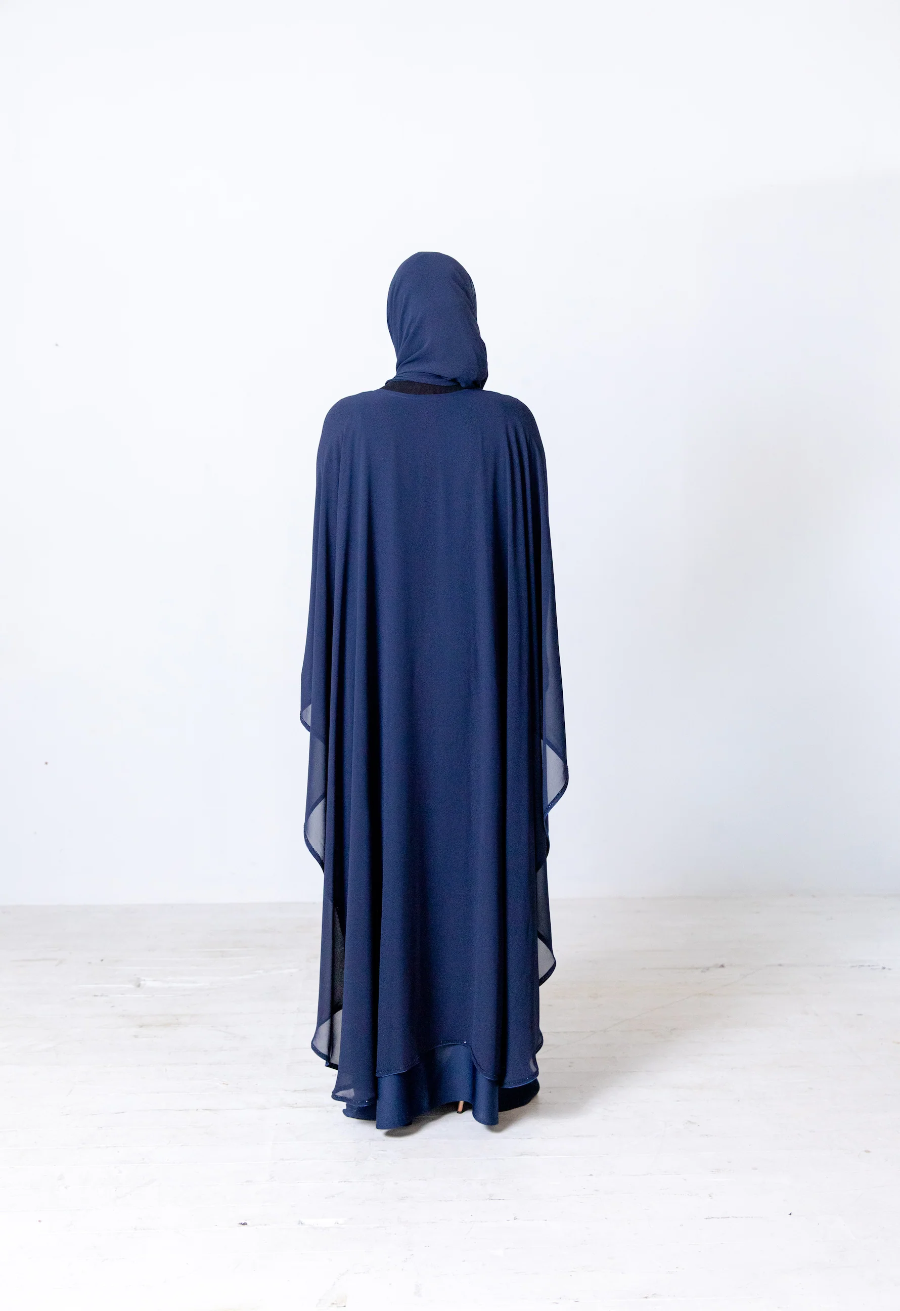 Navy Closed  Abaya - Chiffon Cape Design with Pearl and Diamante - Image 6