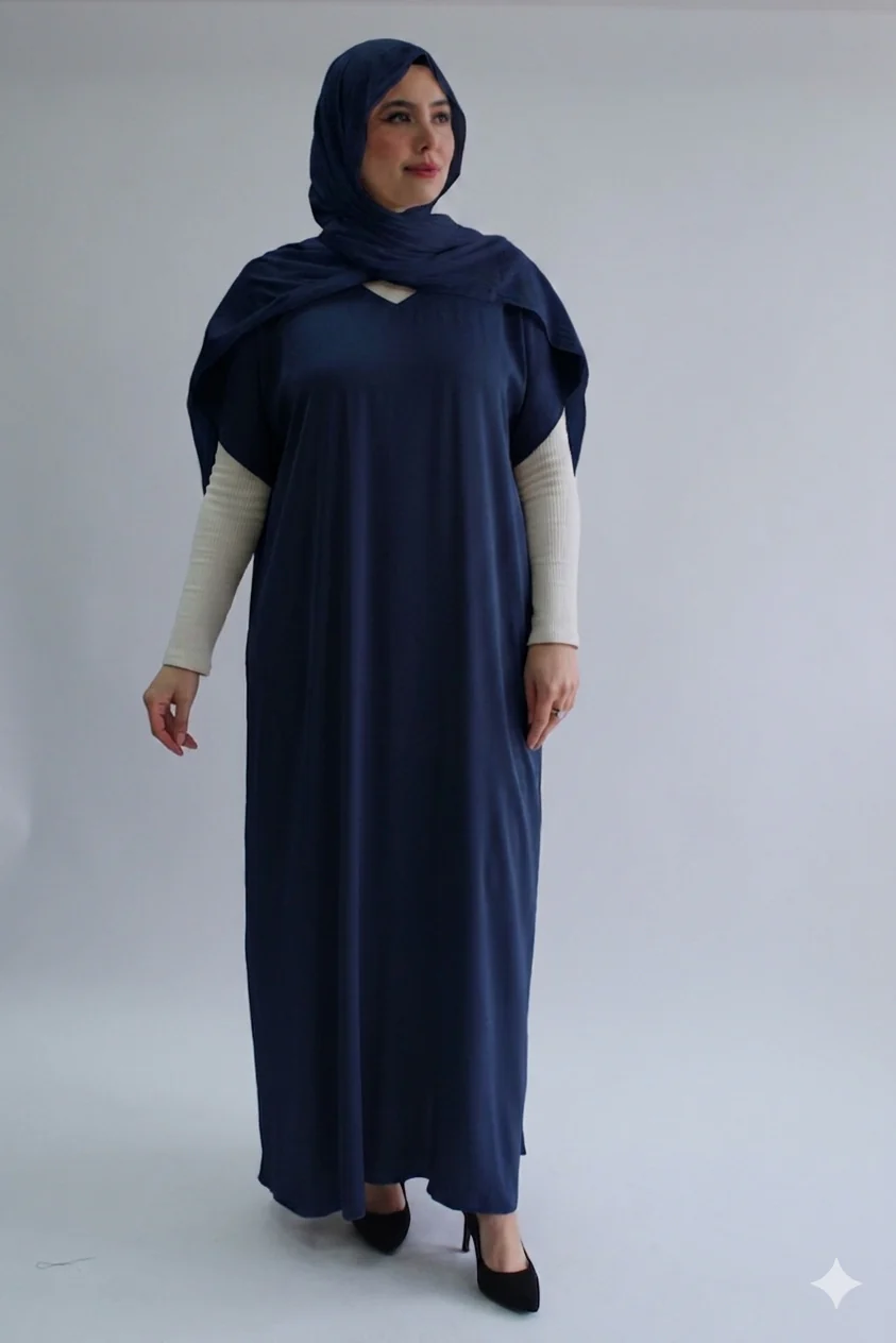 Navy Plain Short Sleeve Dress  - Silky Ripple Satin