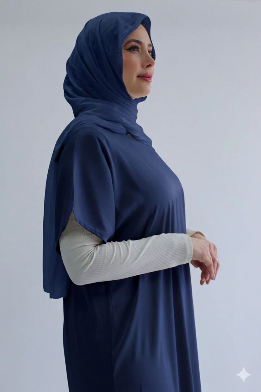 Navy Plain Short Sleeve Dress  - Silky Ripple Satin - Image 2