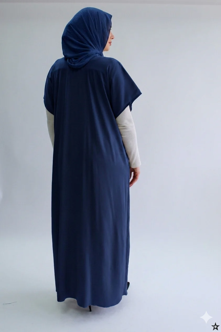 Navy Plain Short Sleeve Dress  - Silky Ripple Satin - Image 3
