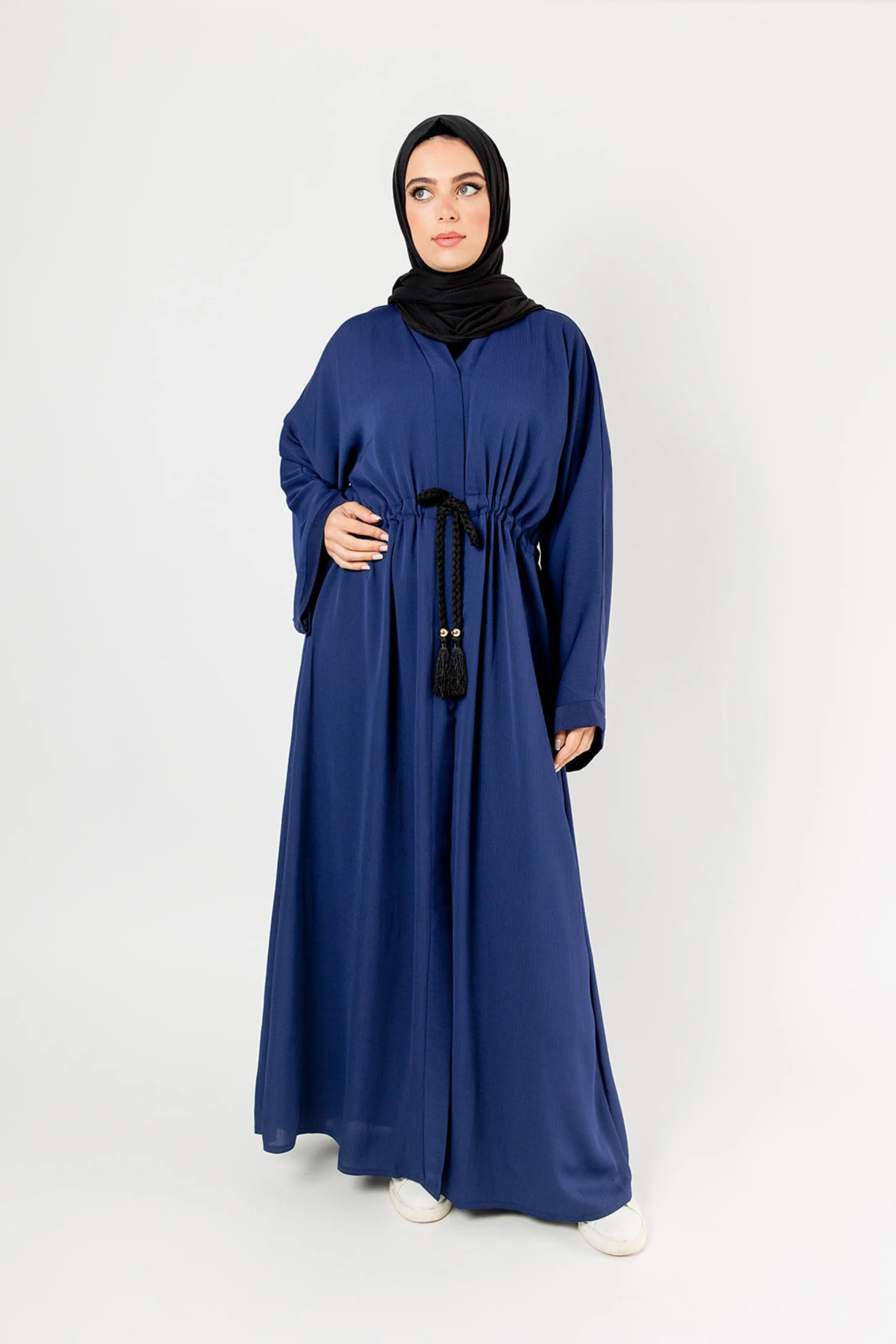 Navy Open Abaya – Plain Design, Drawstring Waist with Textured Finish