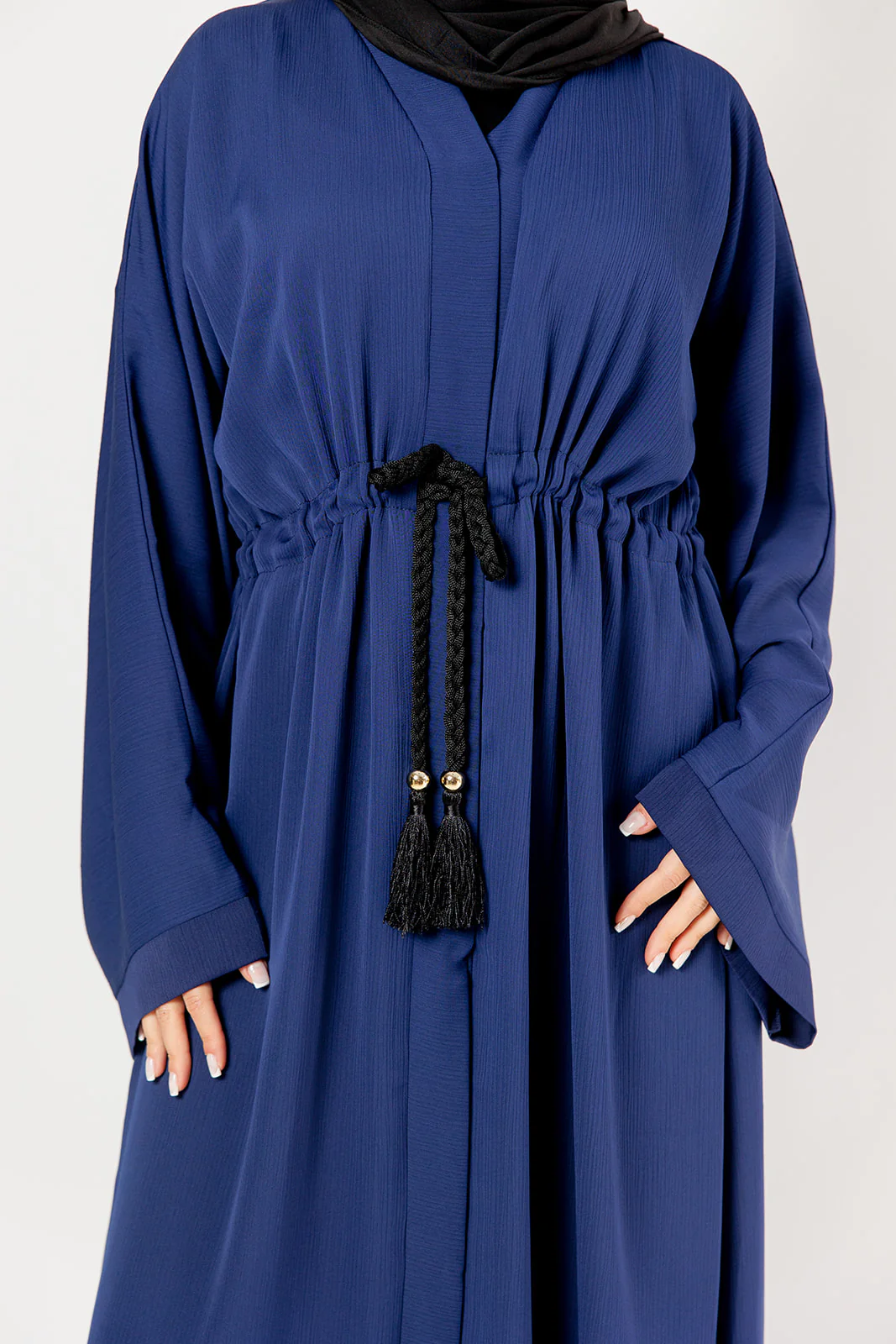Navy Open Abaya – Plain Design, Drawstring Waist with Textured Finish - Image 4