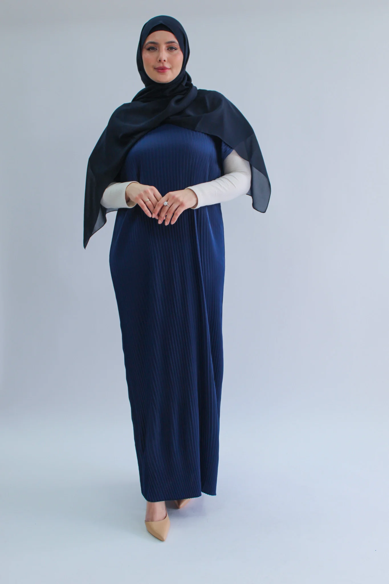 Navy Pleated Short Sleeve Dress  - Silky Ripple Satin