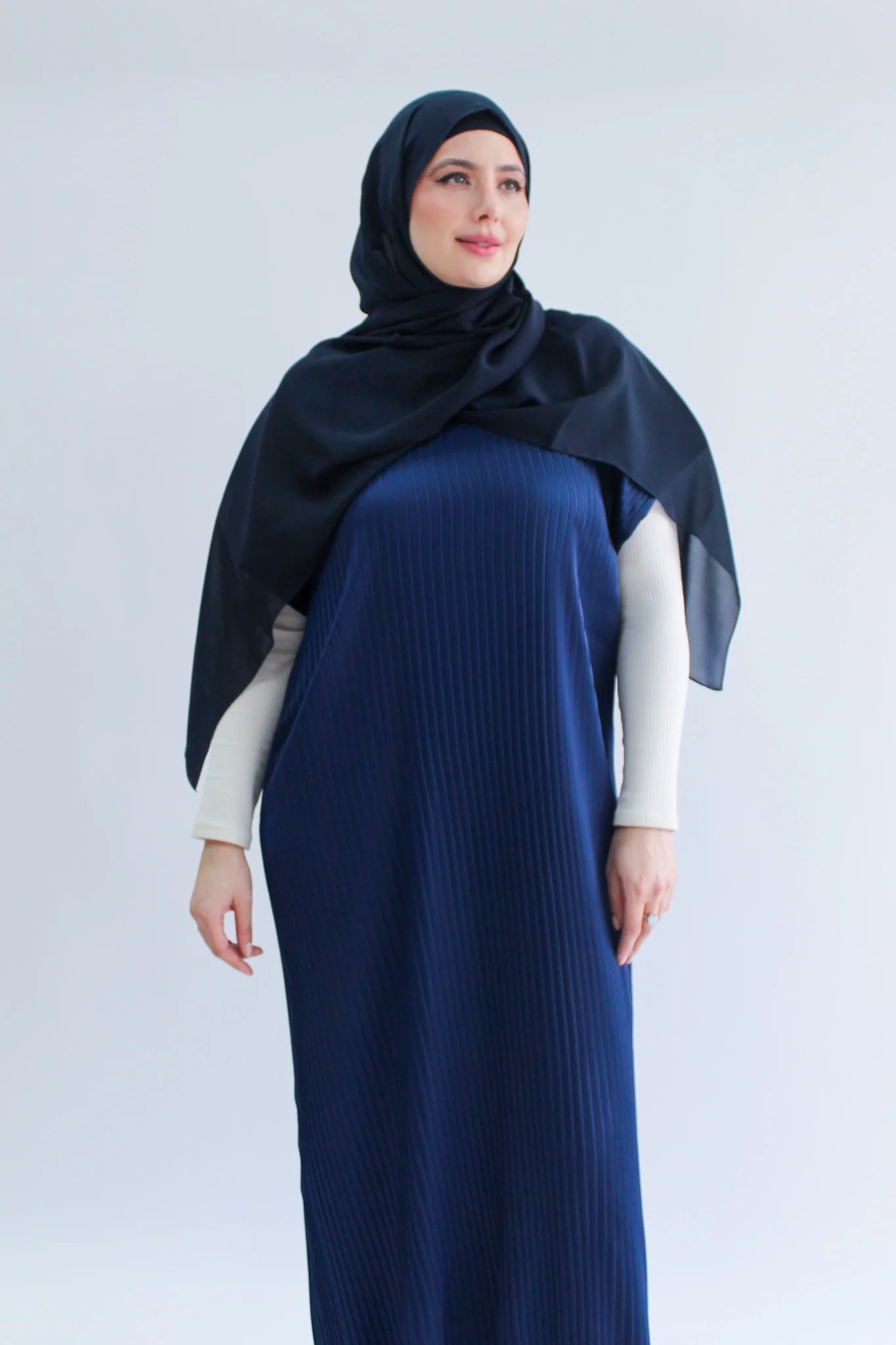 Navy Pleated Short Sleeve Dress  - Silky Ripple Satin - Image 2