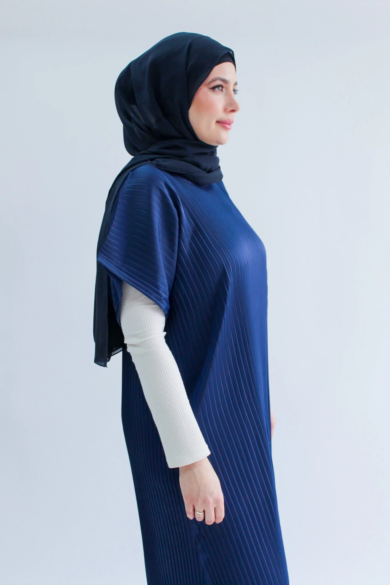 Navy Pleated Short Sleeve Dress  - Silky Ripple Satin - Image 3