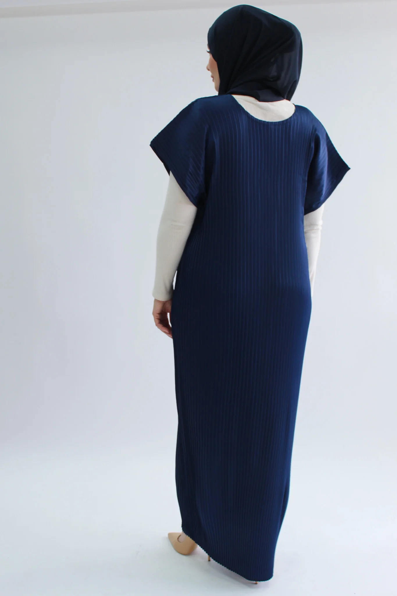 Navy Pleated Short Sleeve Dress  - Silky Ripple Satin - Image 4