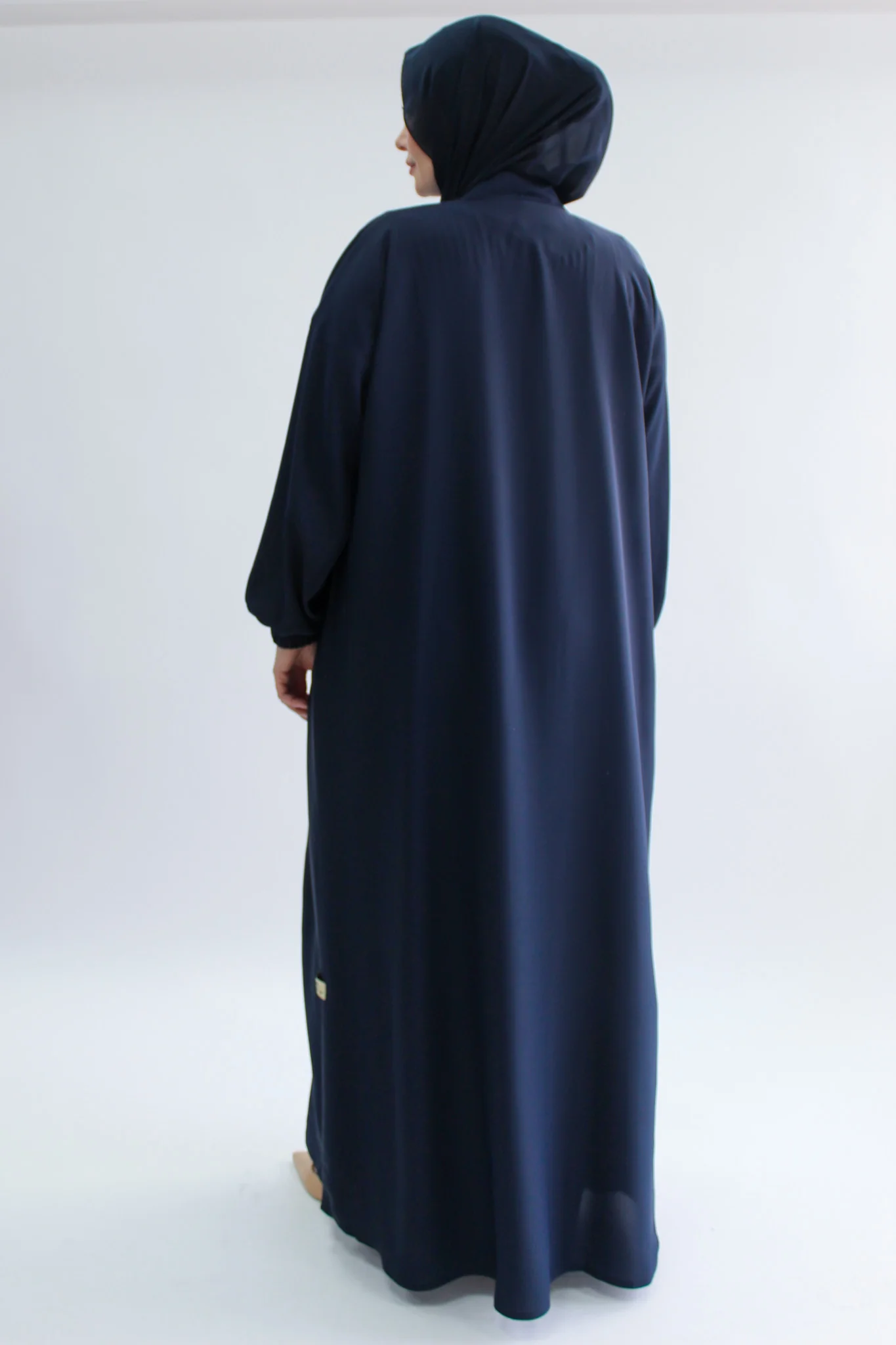Navy Open Abaya - Premium Plain  Nidha With Pocket & Elastic Sleeves - Image 4