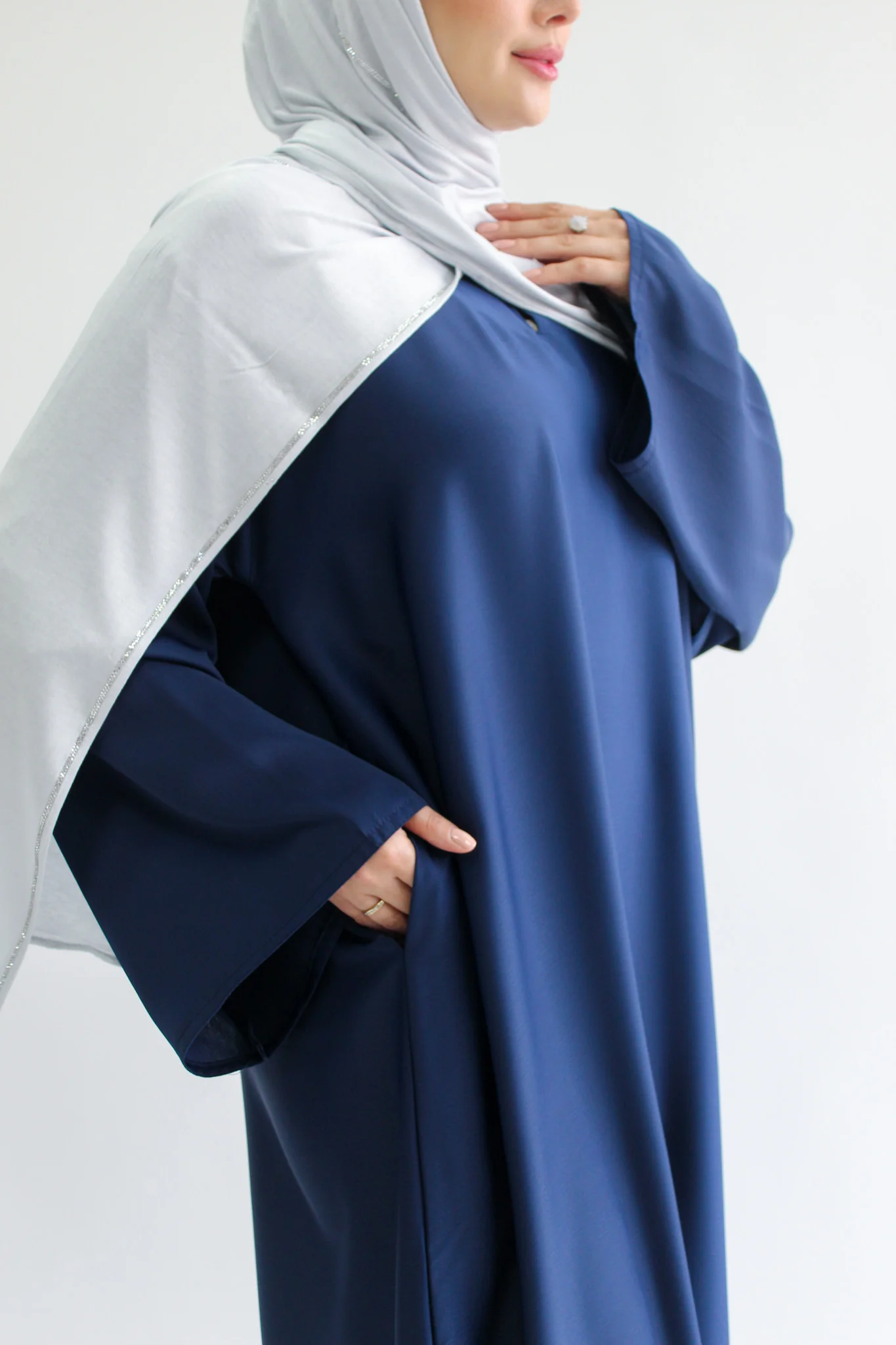 Navy  Closed Abaya – Ripple Satin Fabric with Pocket - Image 2