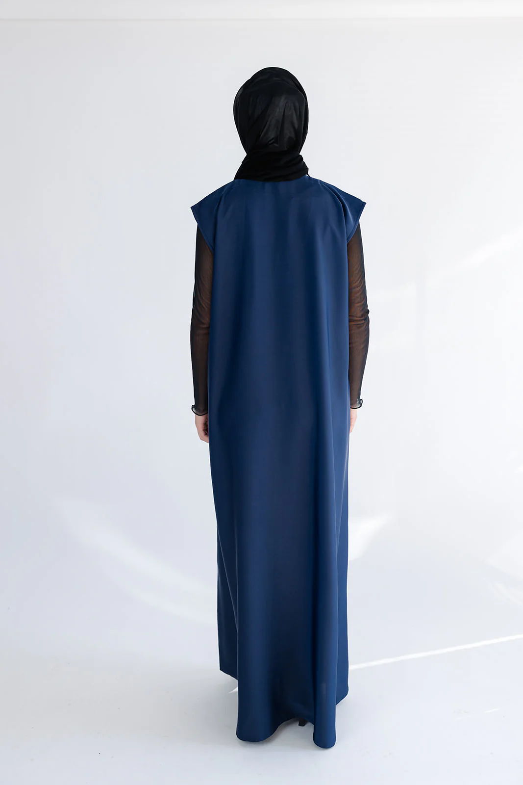 Navy Ripple Satin Polyester Sleeveless Slip Dress - Image 4