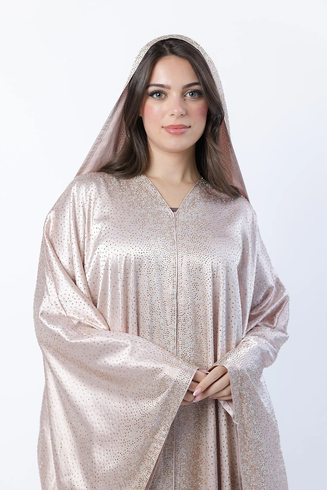 Nude Blush Farasha Cape – Luxury Embellished Design with Hood - Image 3