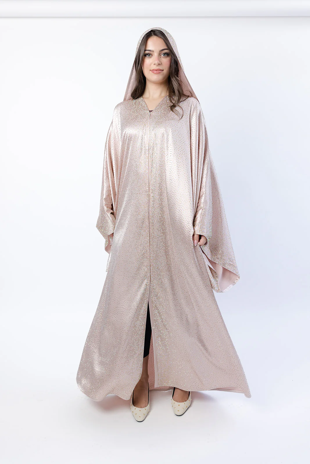 Nude Blush Farasha Cape – Luxury Embellished Design with Hood - Image 5