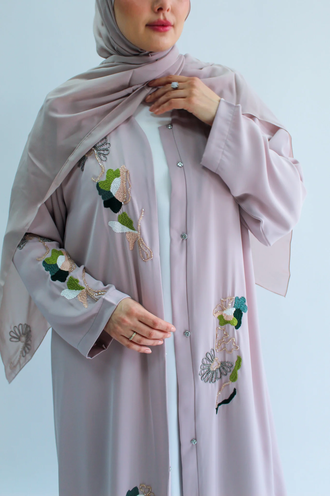 Nude Open Abaya – Premium Blossom Embroidered Design - Image 4