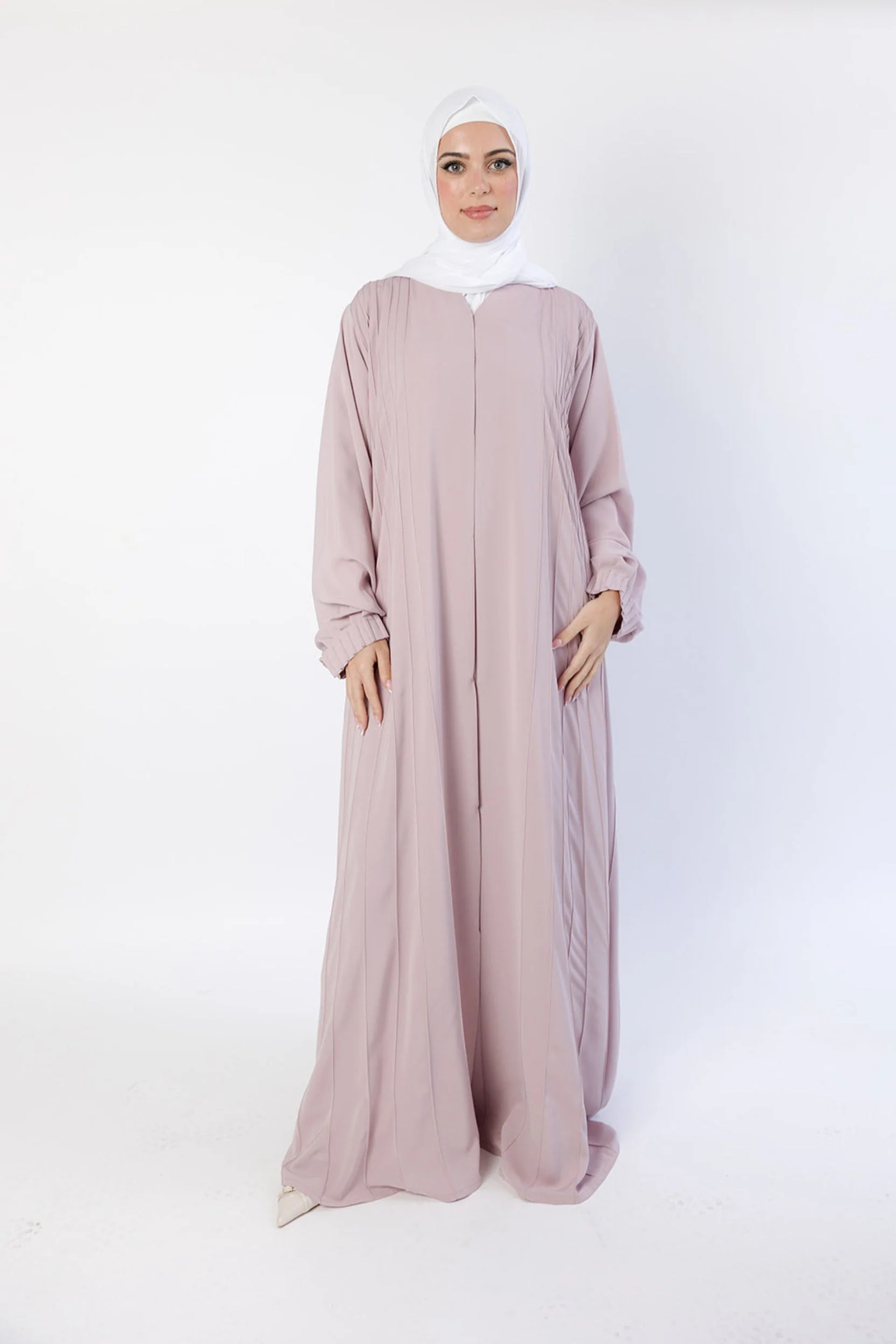 Nude Pink Open Abaya – Luxury Striped Design