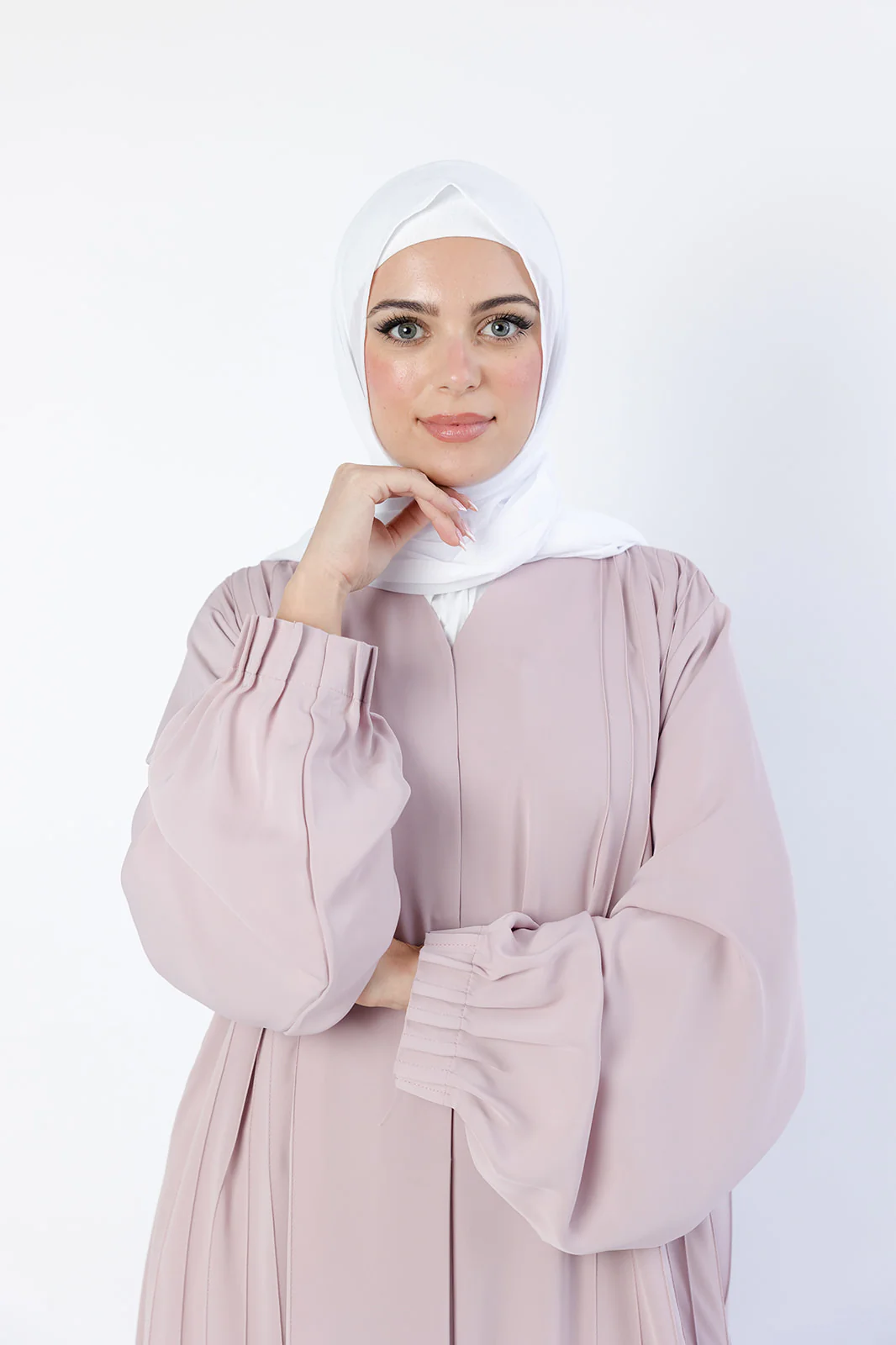 Nude Pink Open Abaya – Luxury Striped Design - Image 3