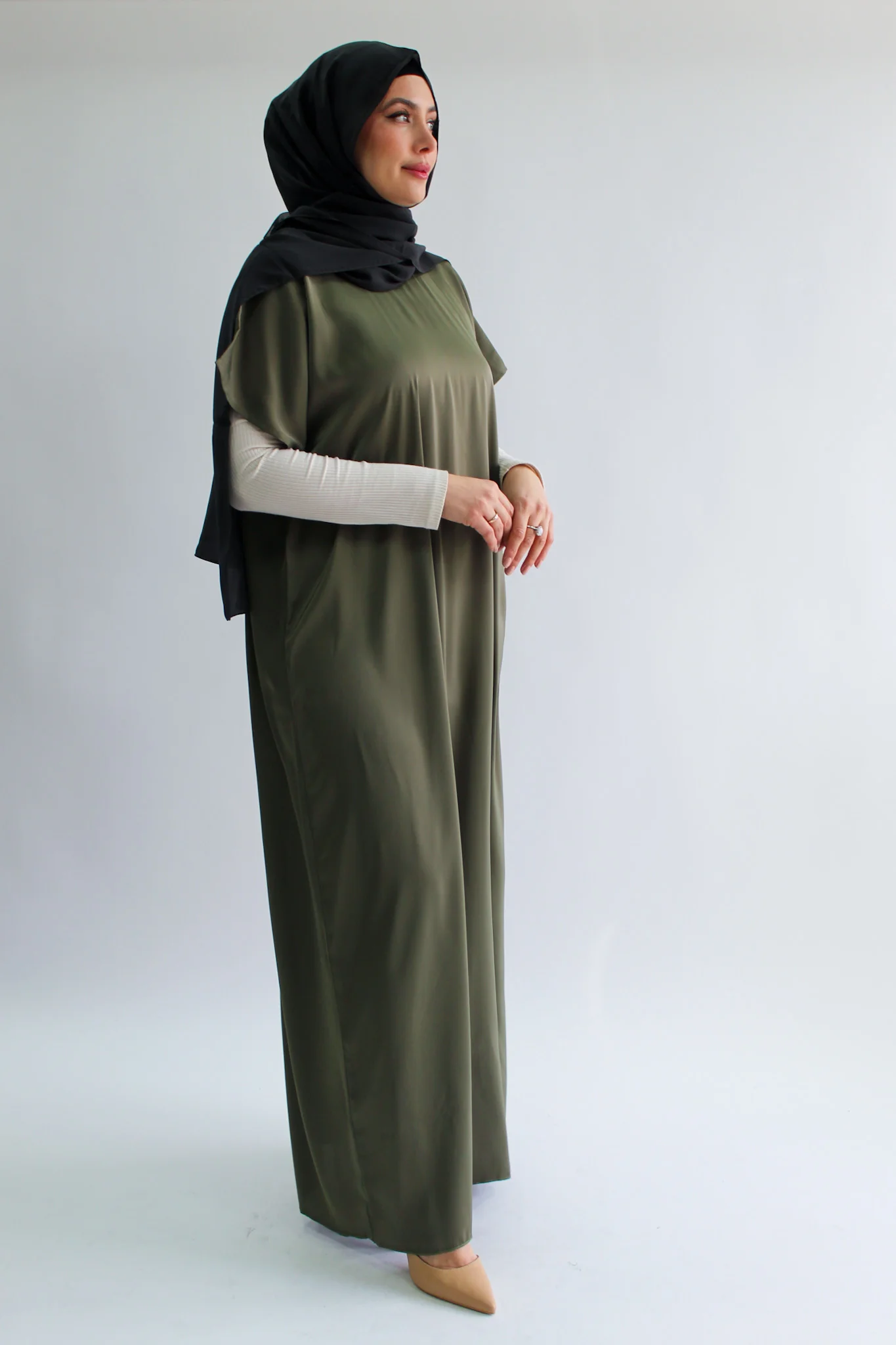 Olive Plain Short Sleeve Dress  - Silky Ripple Satin
