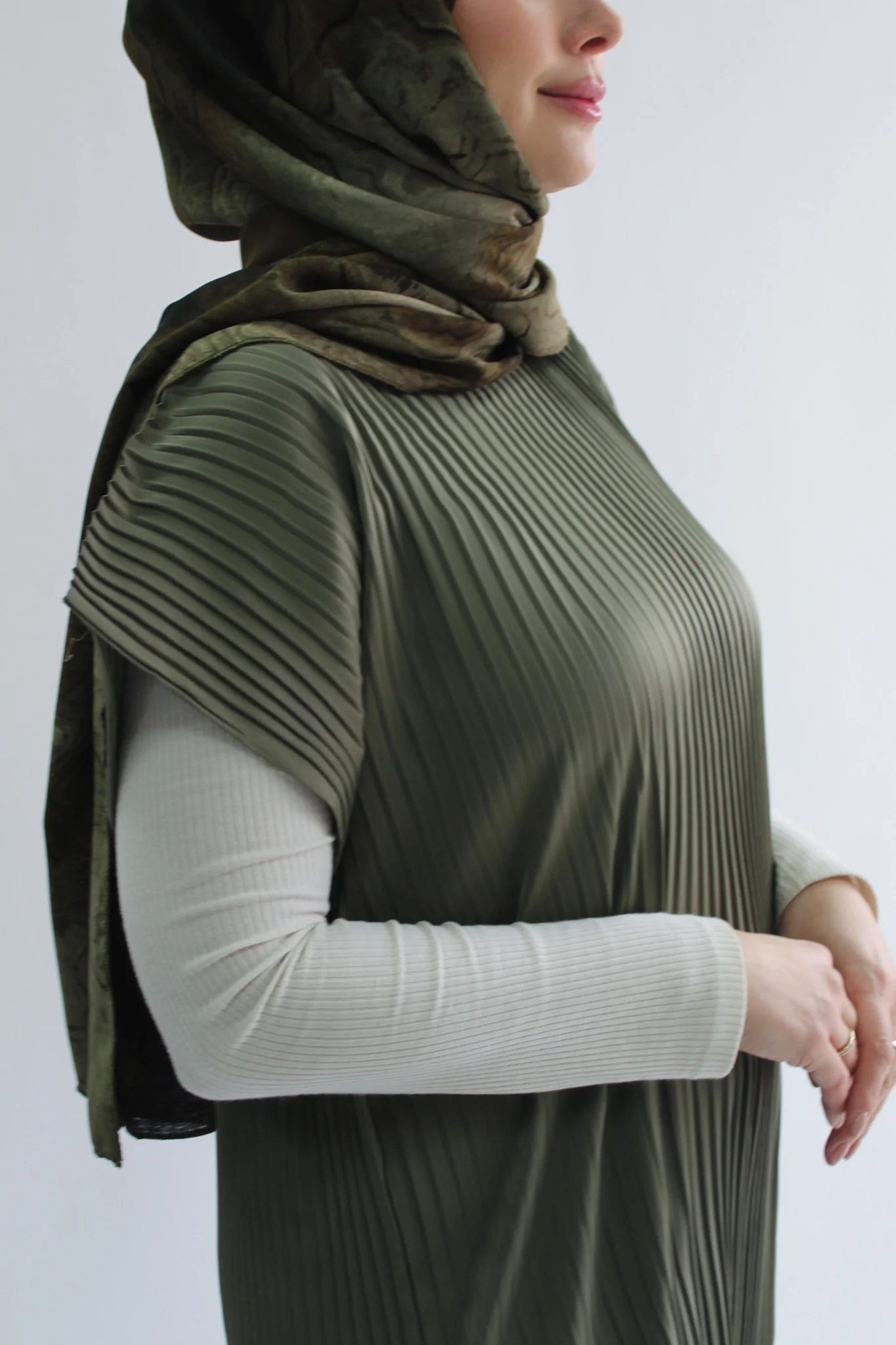 Olive Pleated Short Sleeve Dress  - Silky Ripple Satin - Image 2