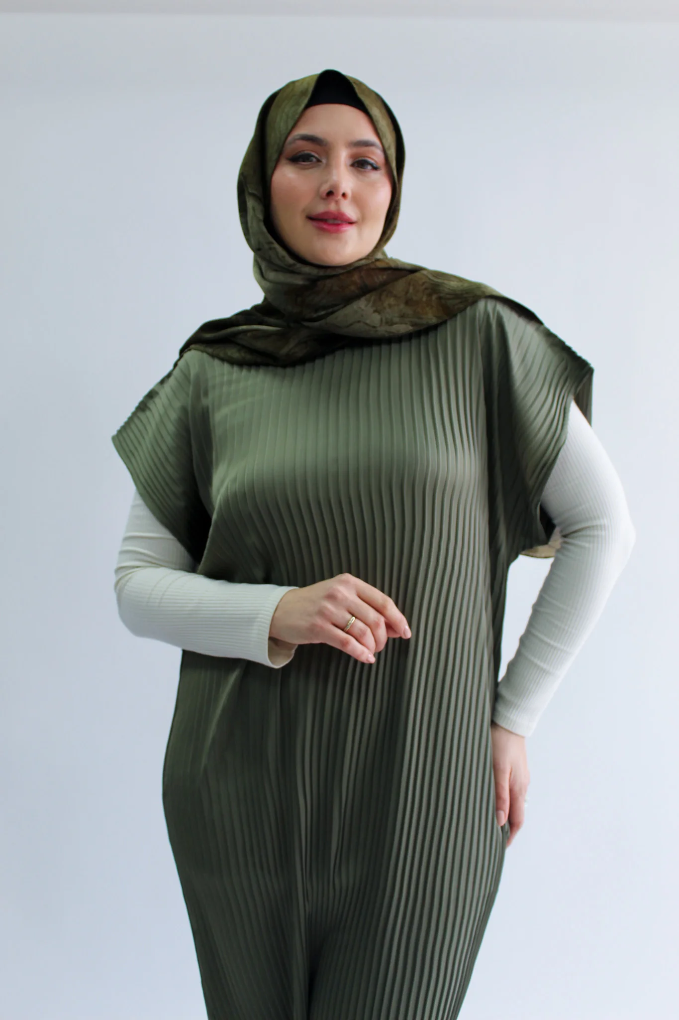 Olive Pleated Short Sleeve Dress  - Silky Ripple Satin - Image 3