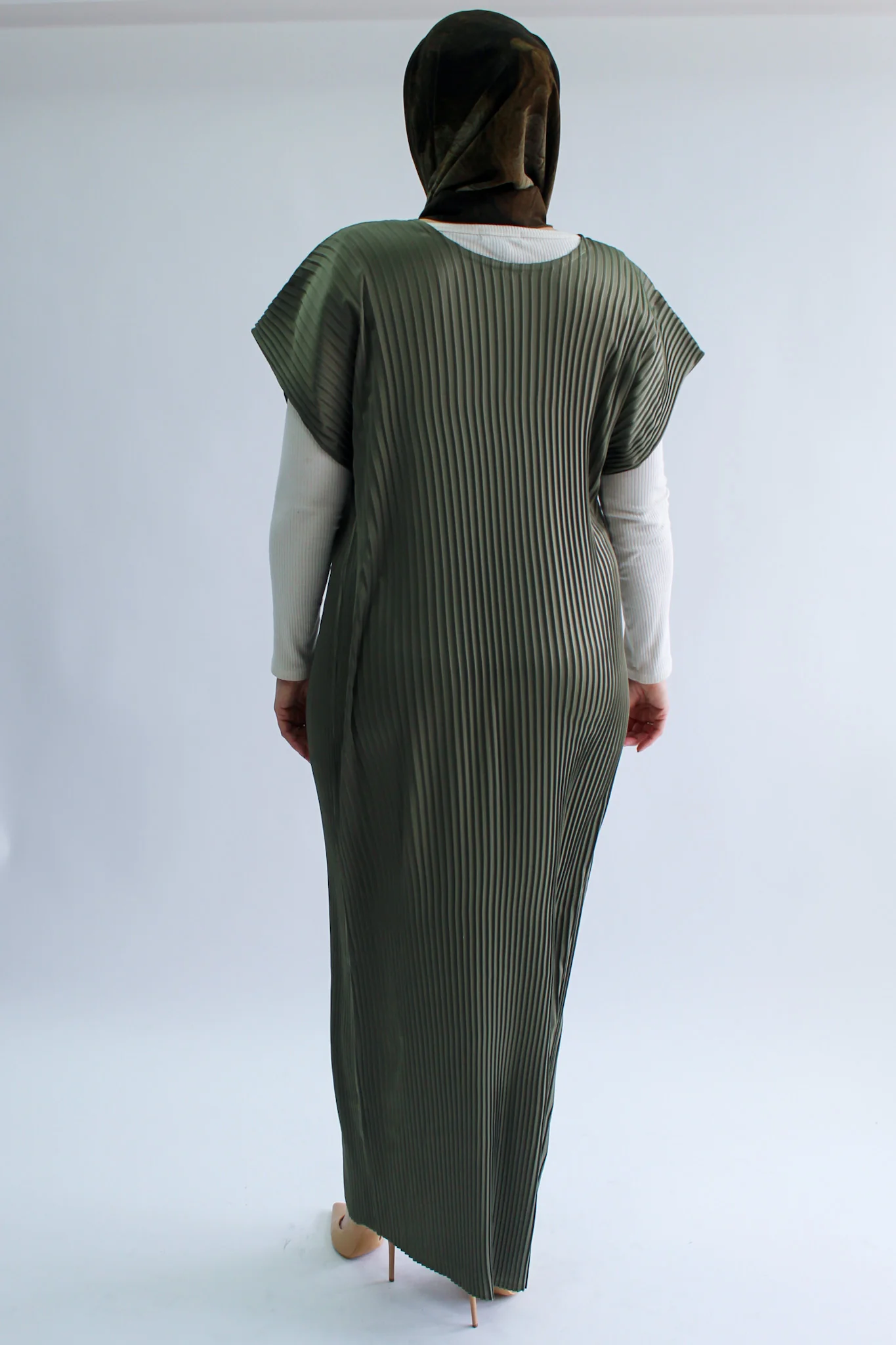 Olive Pleated Short Sleeve Dress  - Silky Ripple Satin - Image 4