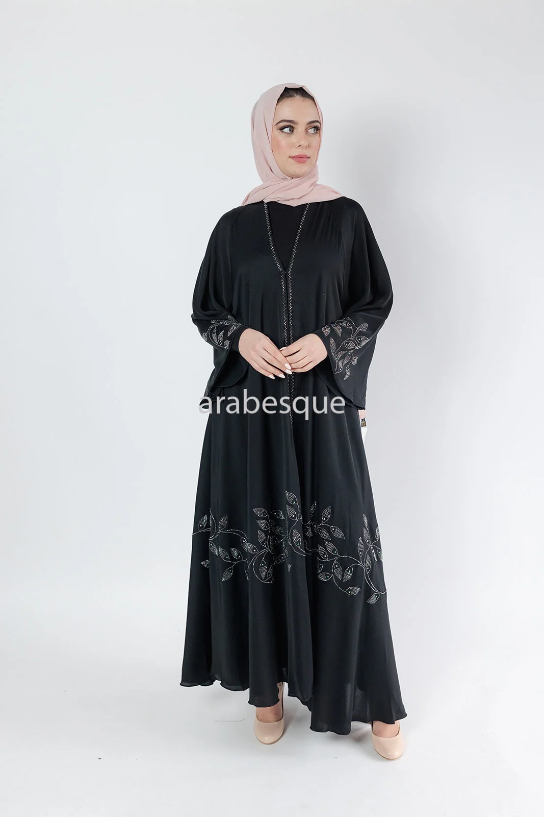 Black Open Abaya – Umbrella Cut Design with Diamante Leaf Detailing - Image 3
