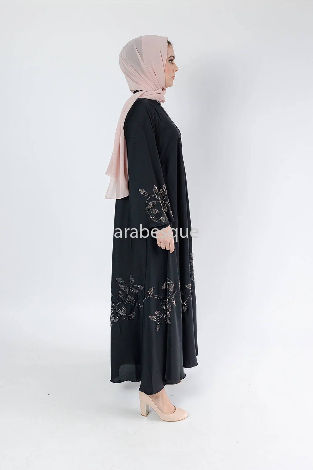 Black Open Abaya – Umbrella Cut Design with Diamante Leaf Detailing - Image 4