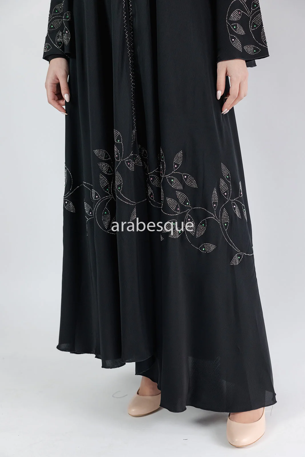 Black Open Abaya – Umbrella Cut Design with Diamante Leaf Detailing - Image 5