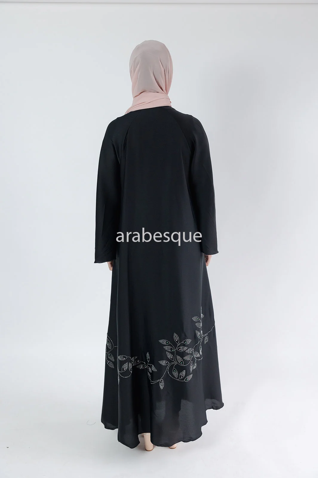 Black Open Abaya – Umbrella Cut Design with Diamante Leaf Detailing - Image 9