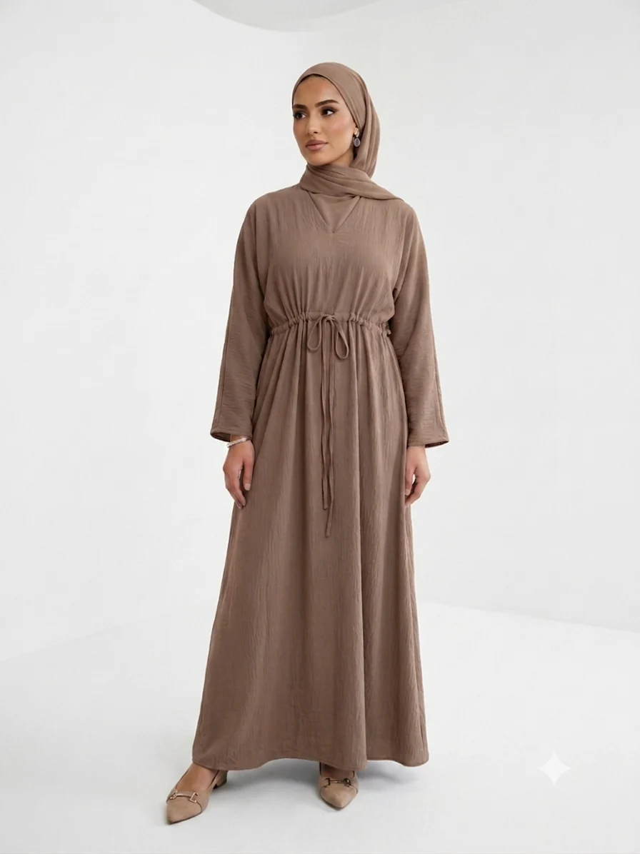 Pastel Brown Closed Abaya - Plain Crushed Polyester with Drawstring Waist
