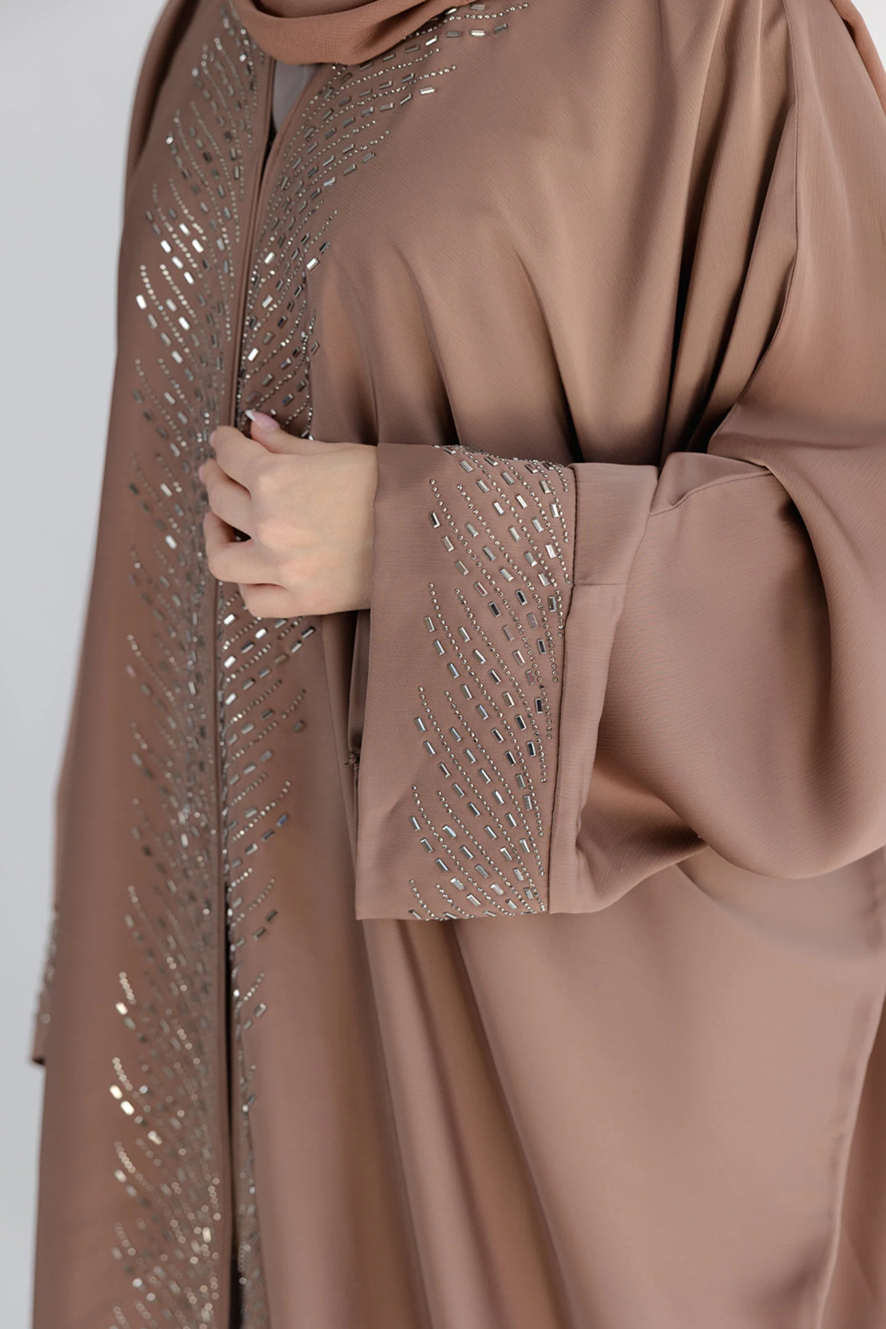 Pastel Brown Open Abaya – Embellished Batwing Design with Luxury Border Detailing - Image 2