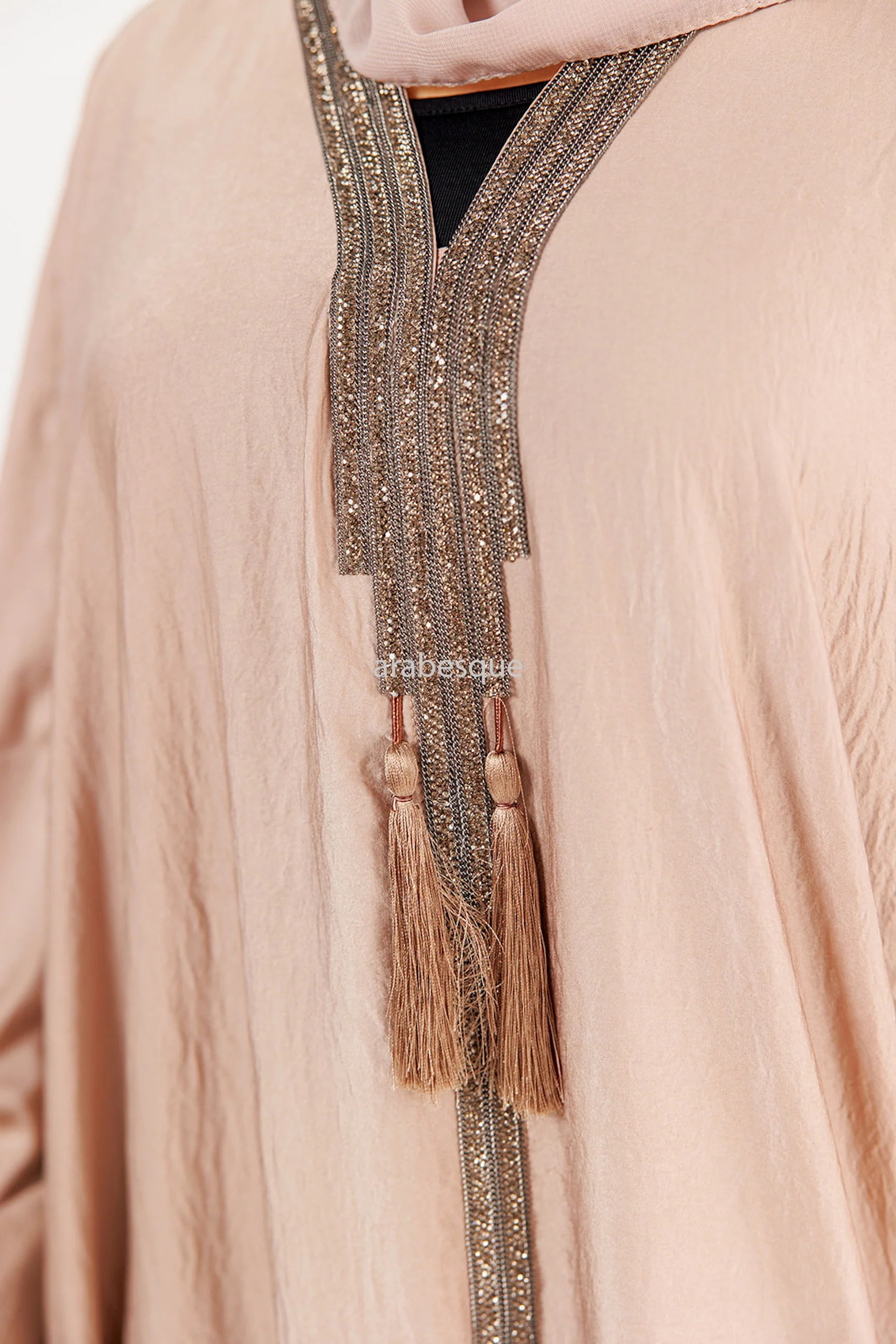 Pastel Peach Embellished Batwing Crushed Satin Abaya - Image 2