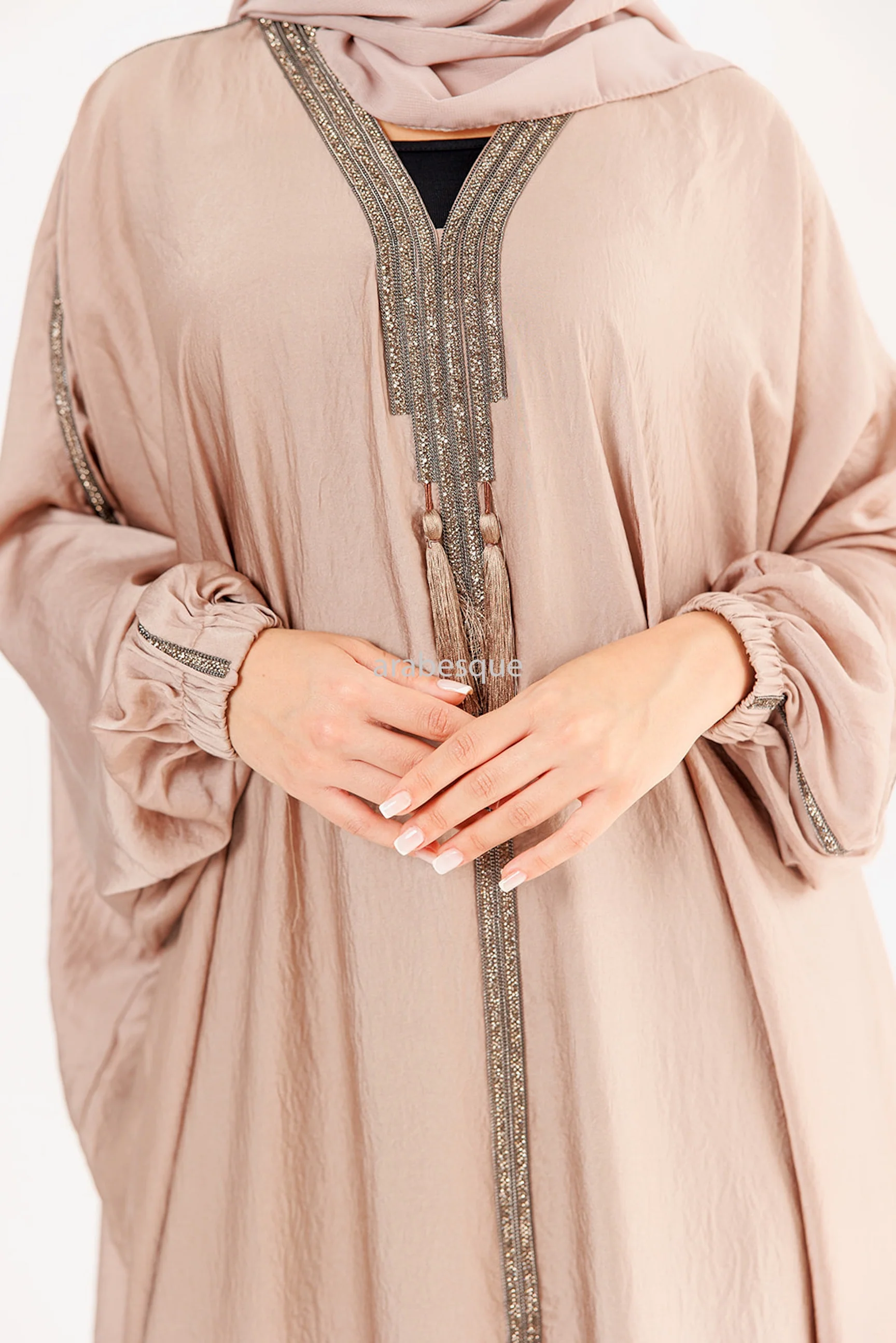 Pastel Peach Embellished Batwing Crushed Satin Abaya - Image 3