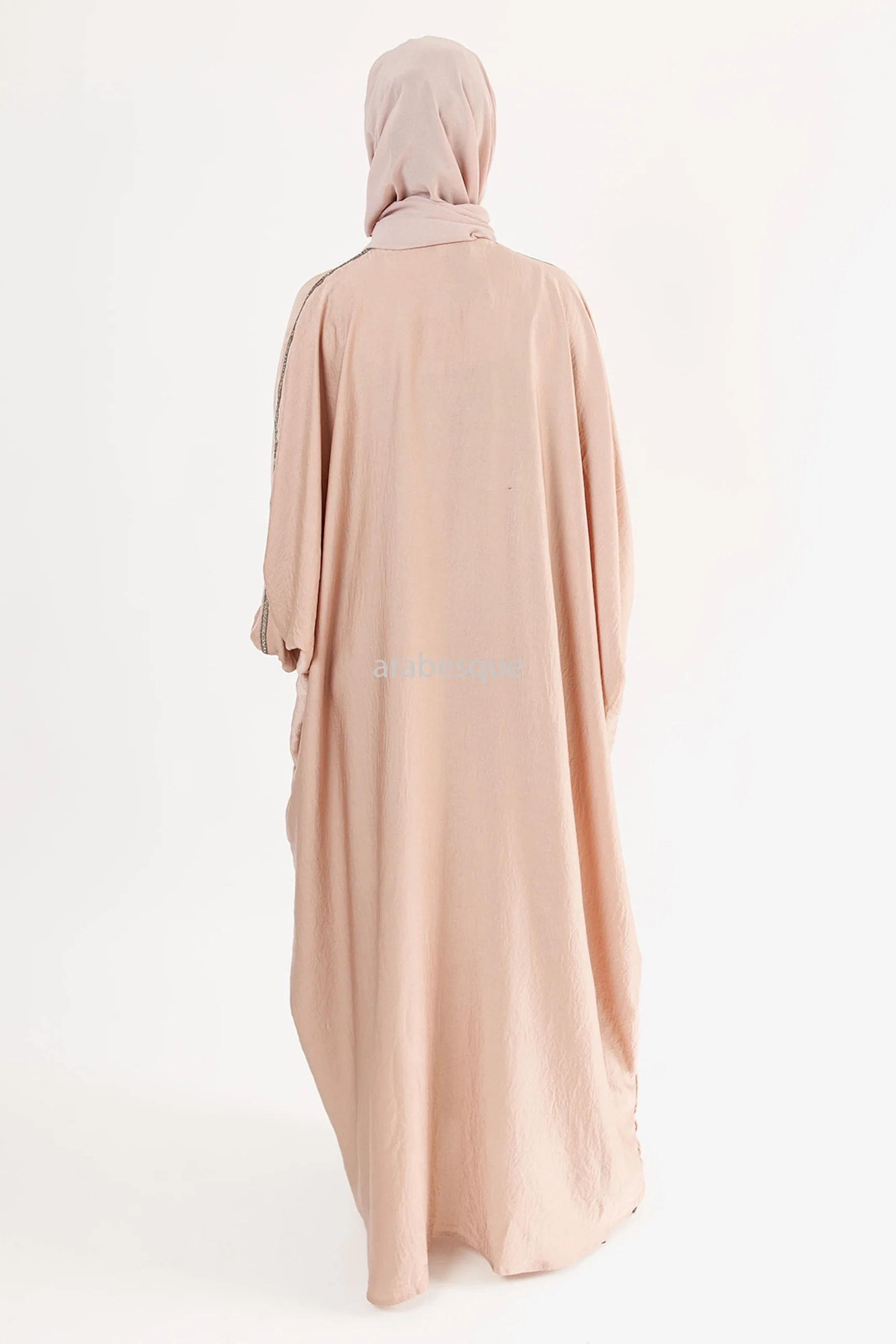 Pastel Peach Embellished Batwing Crushed Satin Abaya - Image 4